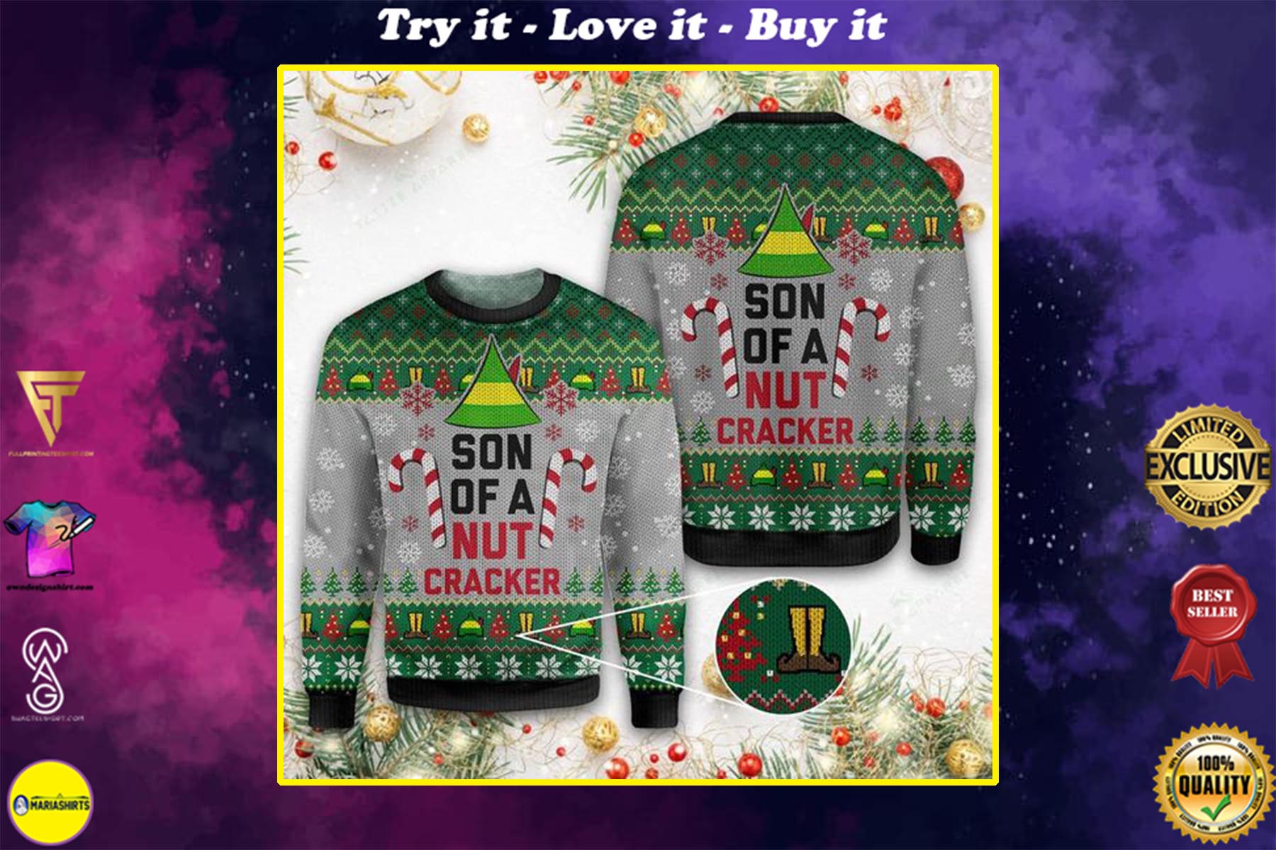 elf son of a nut cracker all over printed ugly christmas sweater