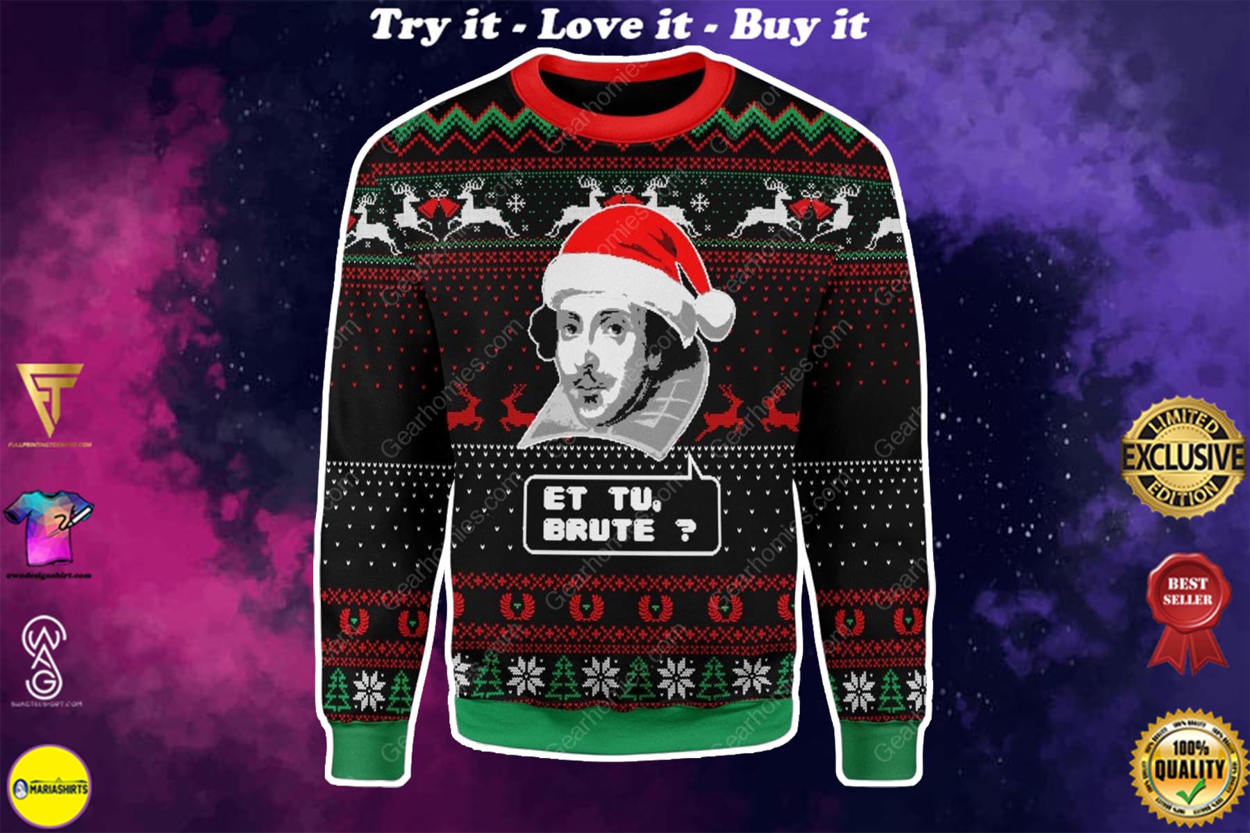 et tu brute all over printed ugly christmas sweater