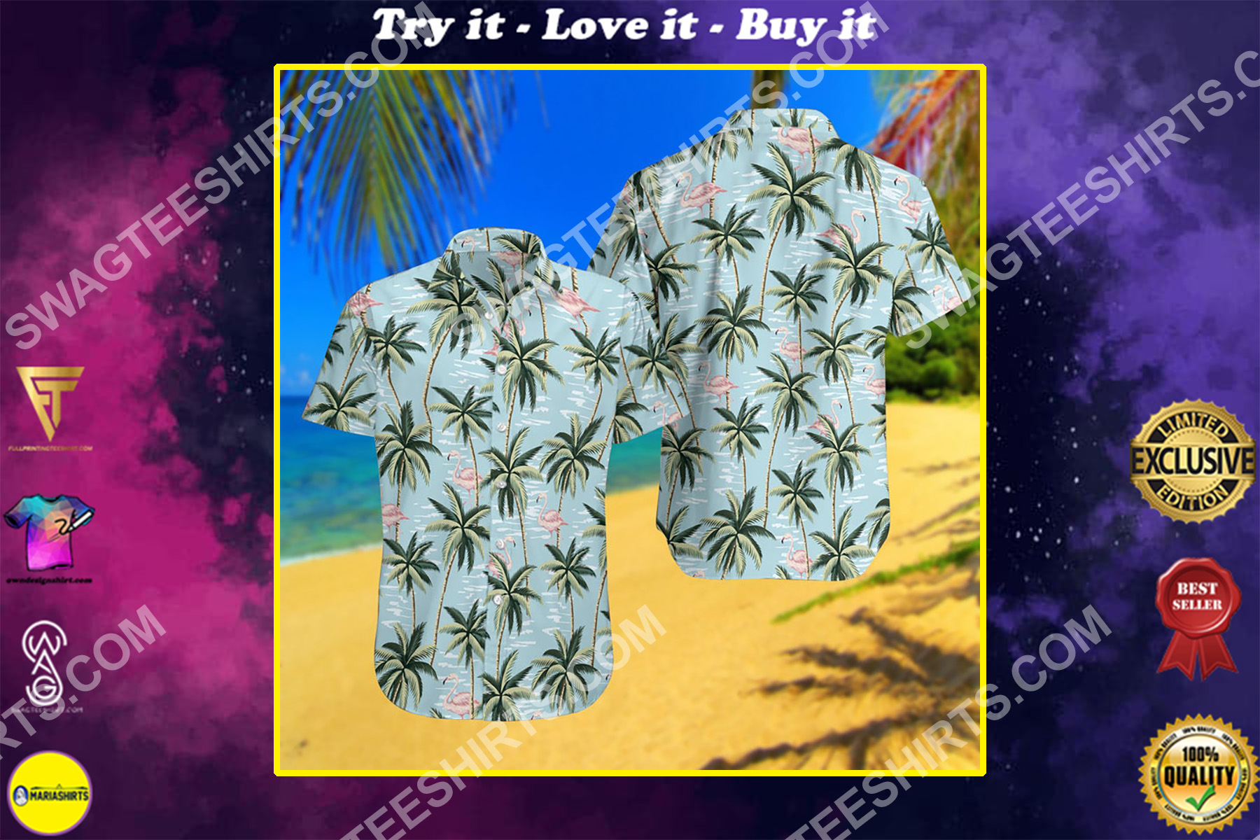 flamingo and palm tree all over print hawaiian shirt