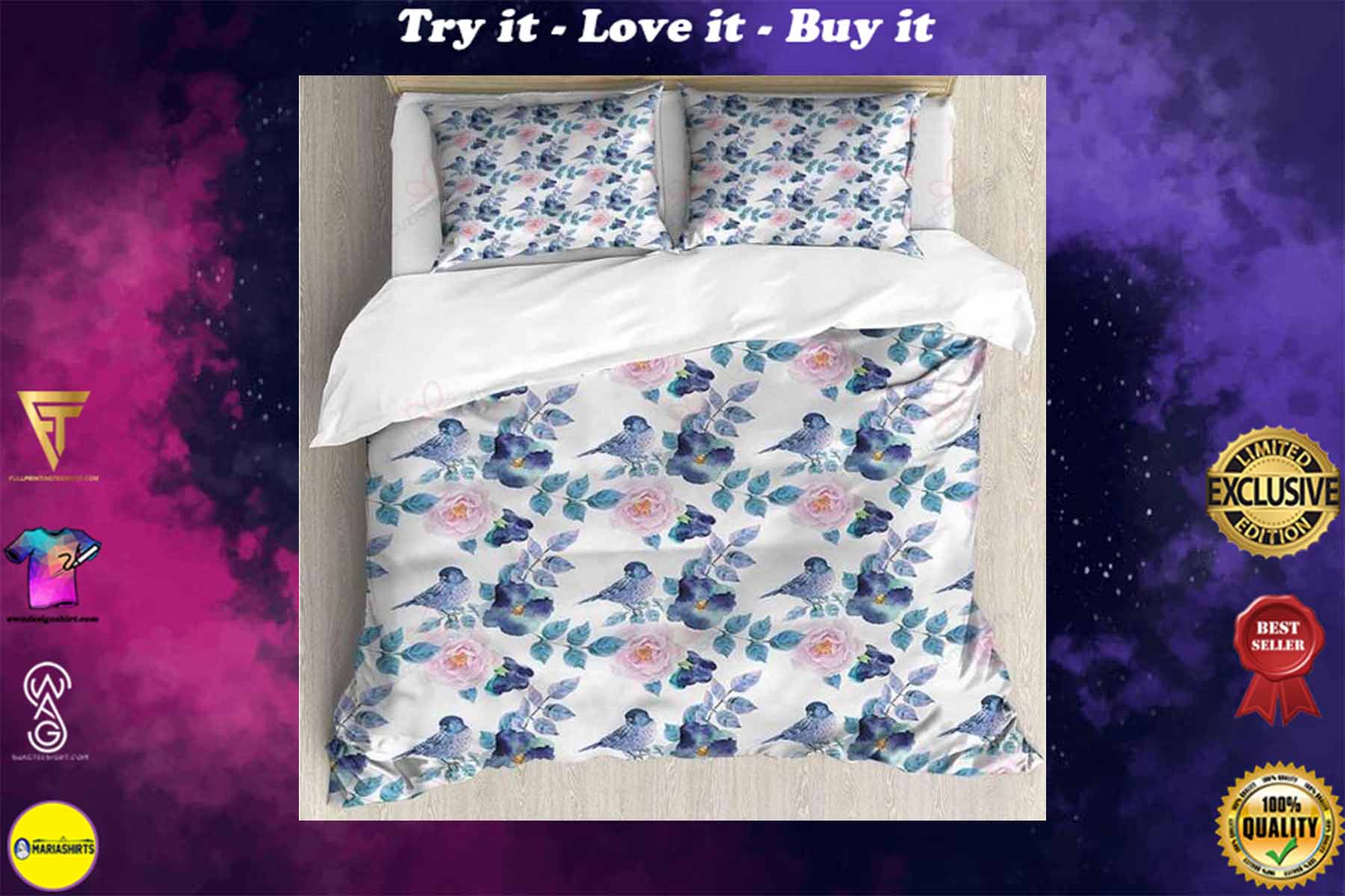 floral and lovely bird bedding set