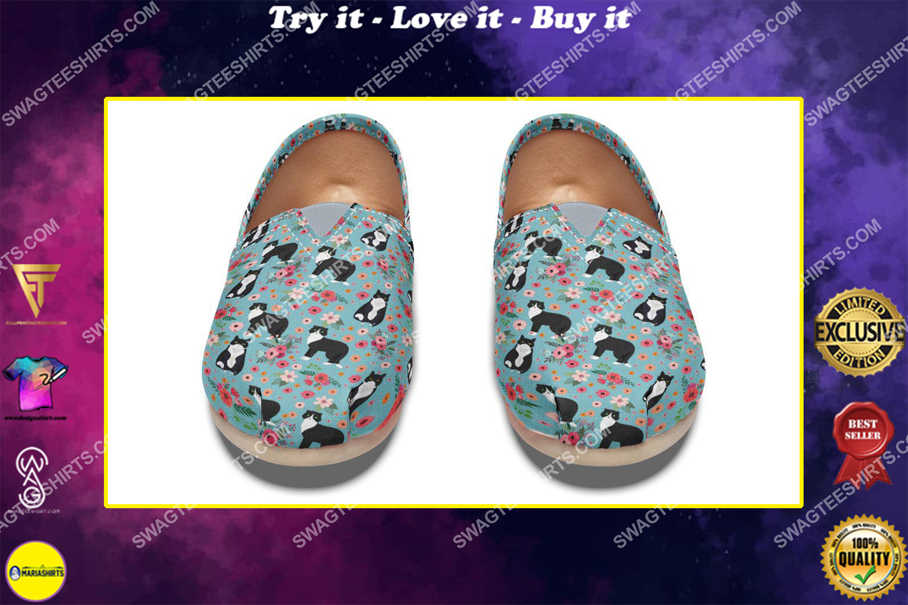 floral black and white cats lover all over printed toms shoes