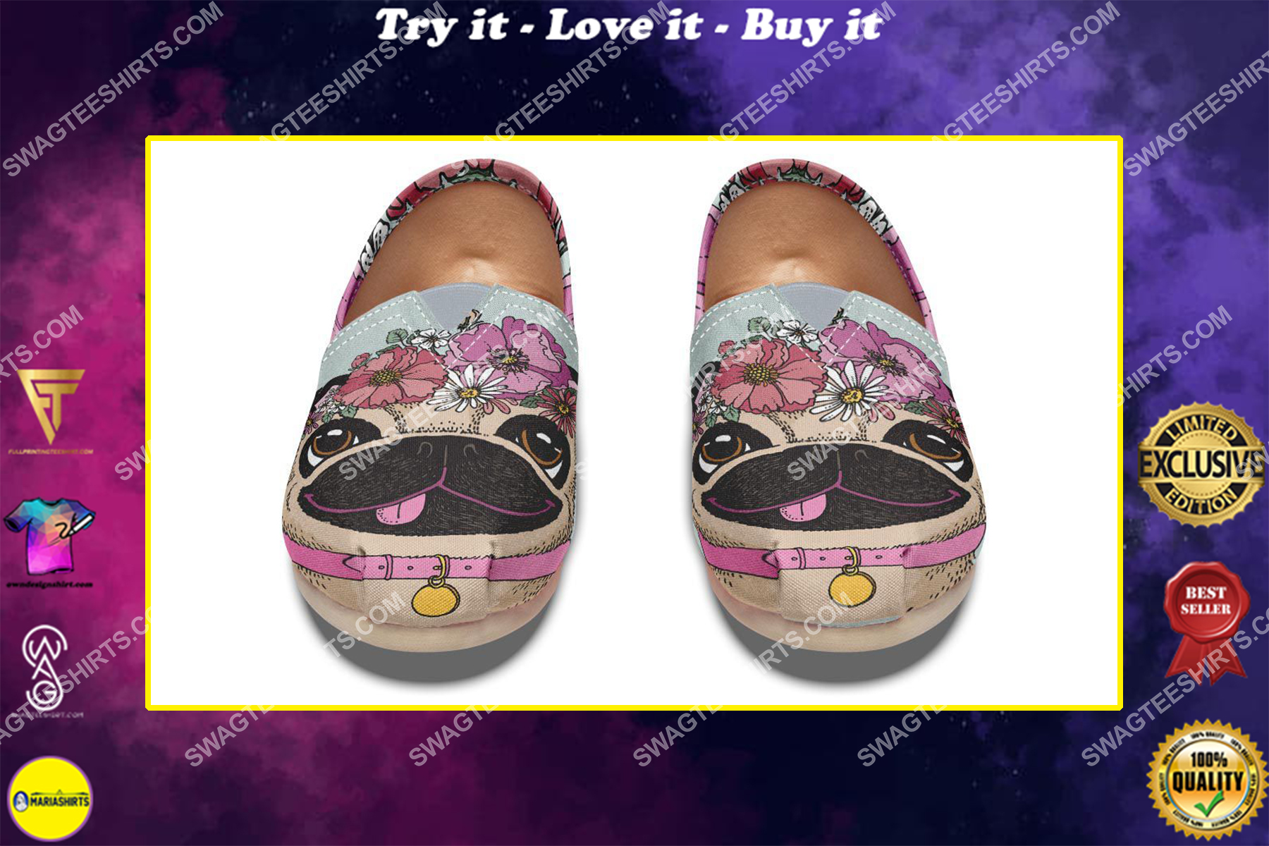 floral pug dogs lover all over printed toms shoes