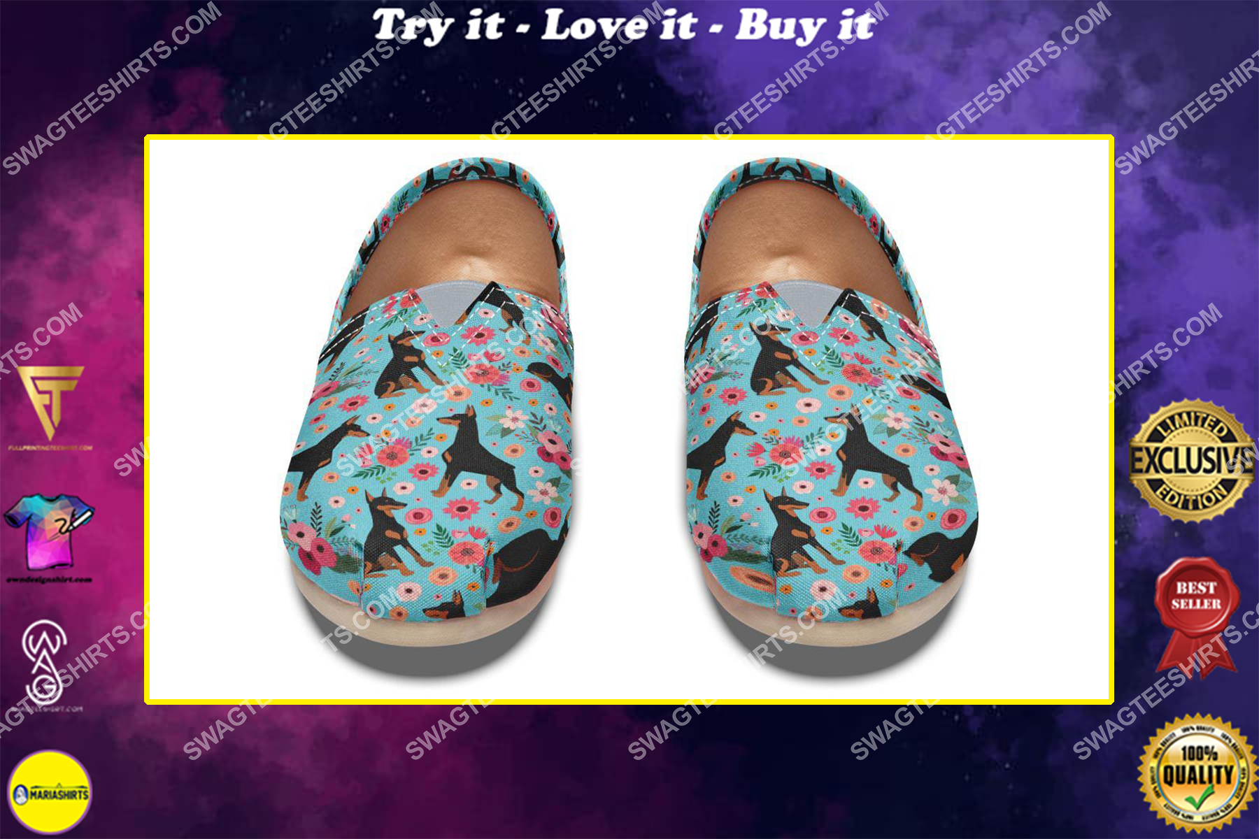 flower and dobermann dogs lover all over printed toms shoes