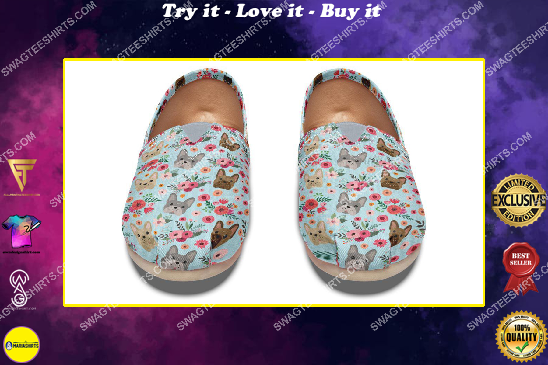 flower and french bulldog dogs lover all over printed toms shoes