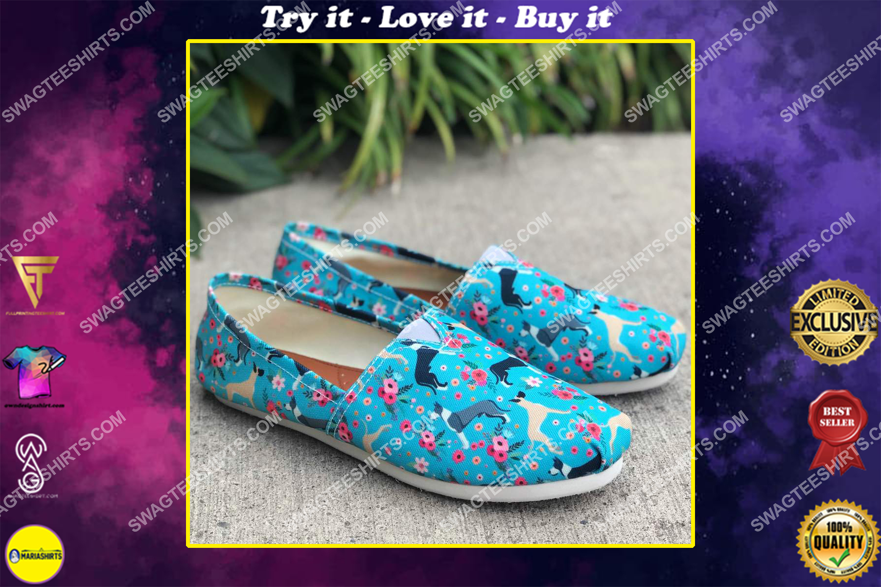 flower and great dane dogs lover all over printed toms shoes