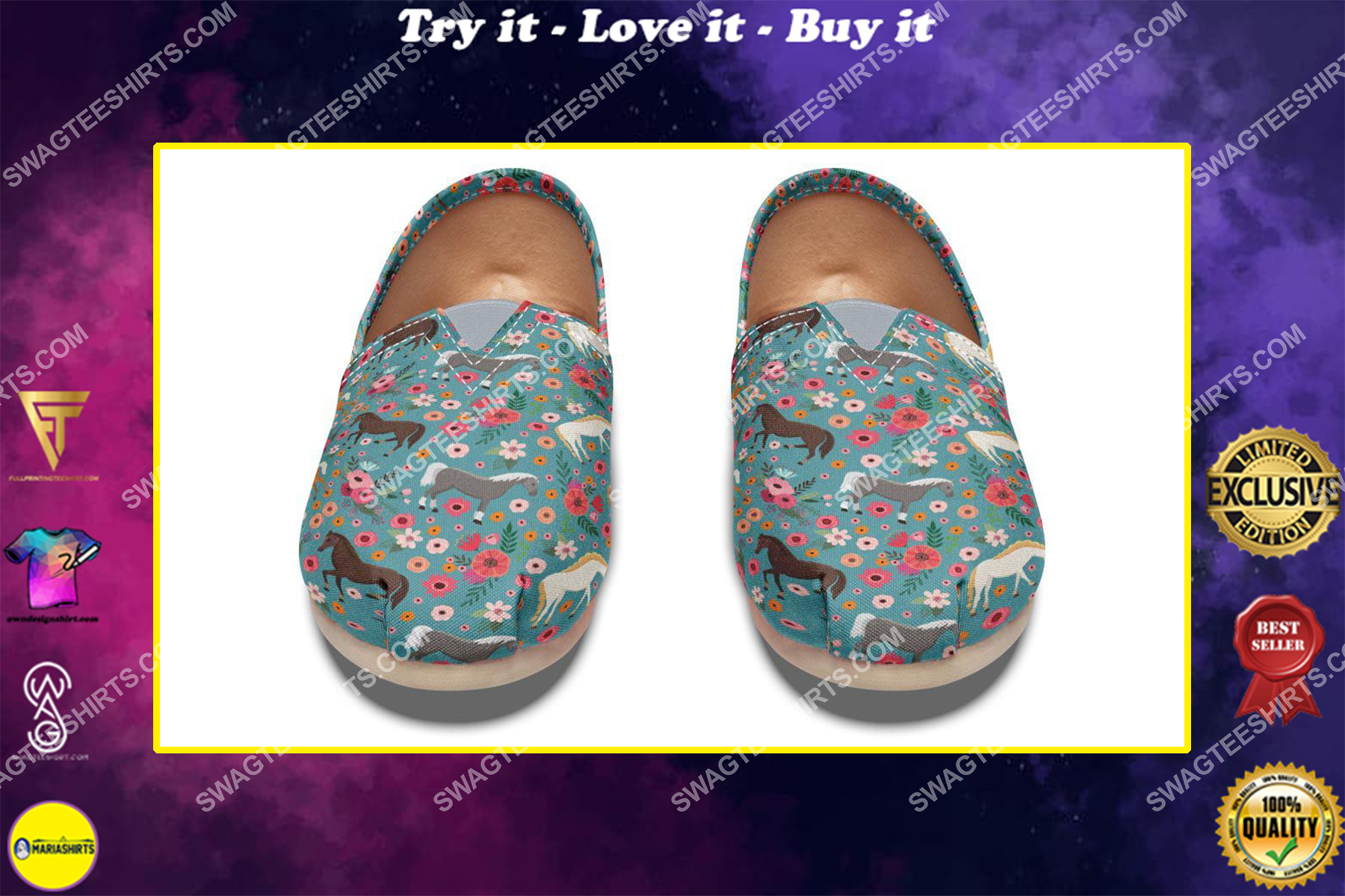 flower and horses lover all over printed toms shoes