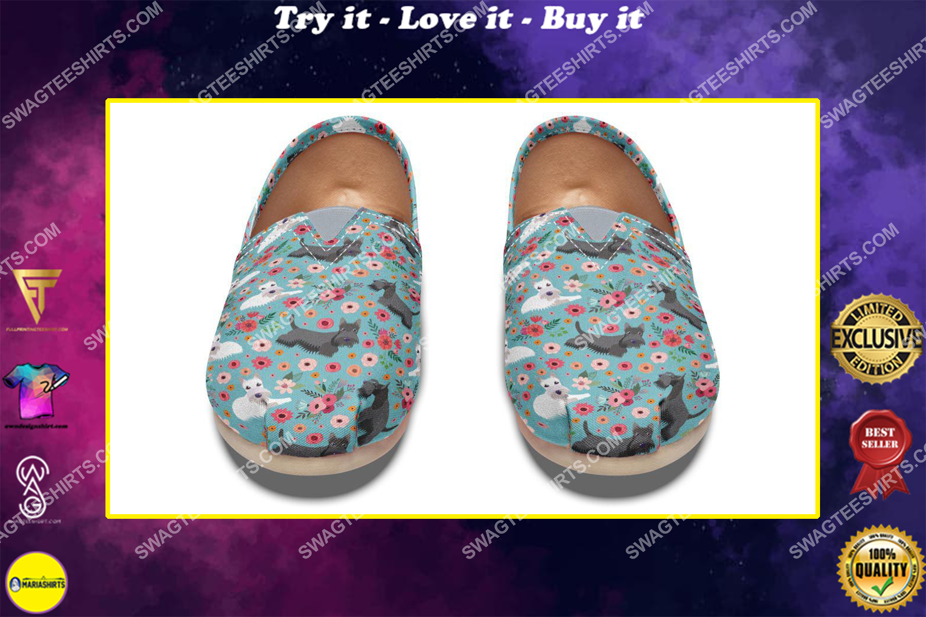 flower and scottish terrier dogs lover all over printed toms shoes