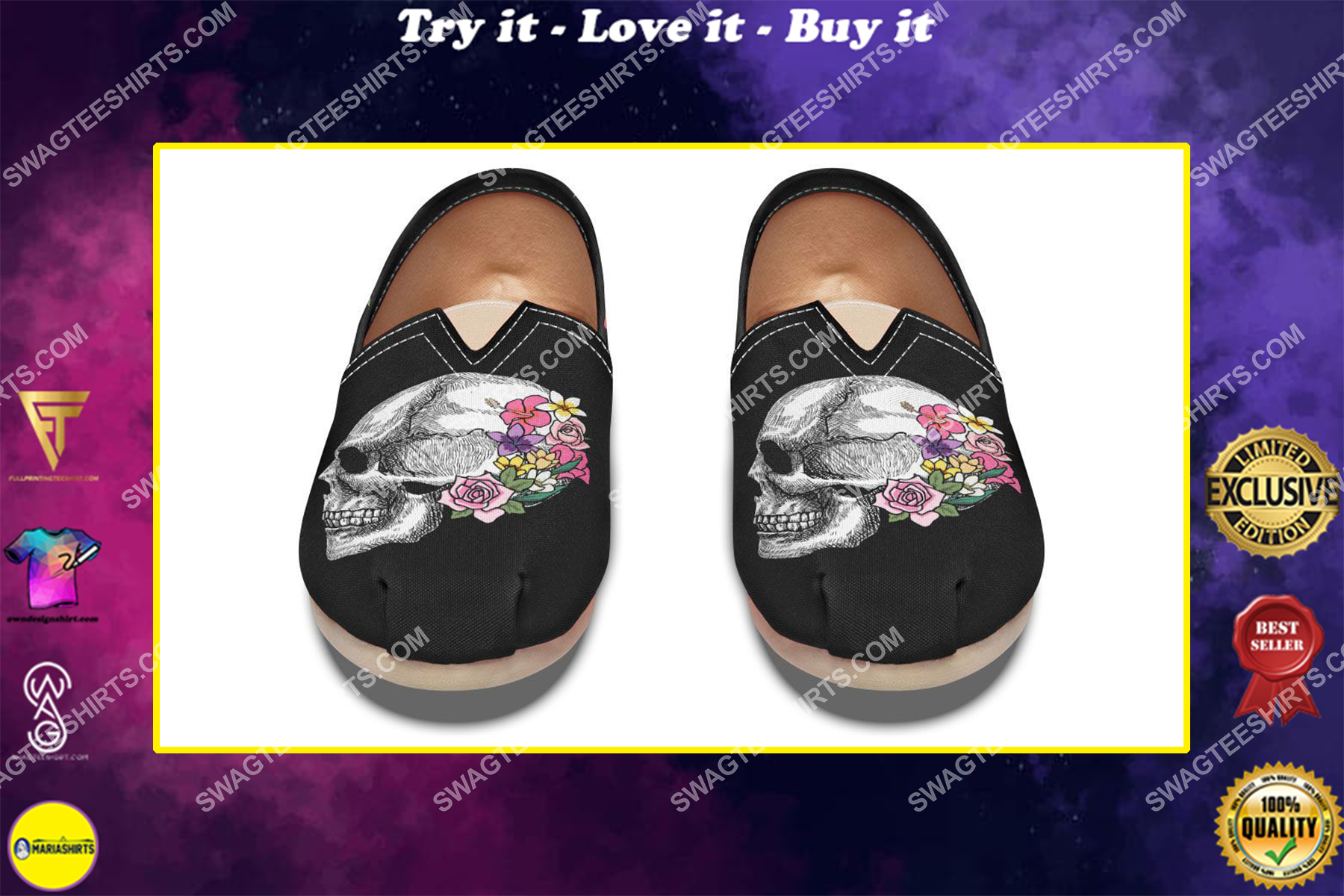 flower and skull all over printed toms shoes