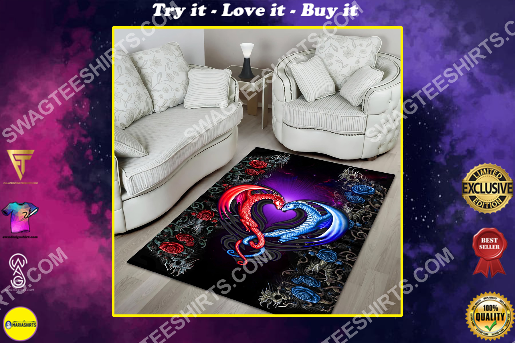 flower dragon couples painting art all over printed rug