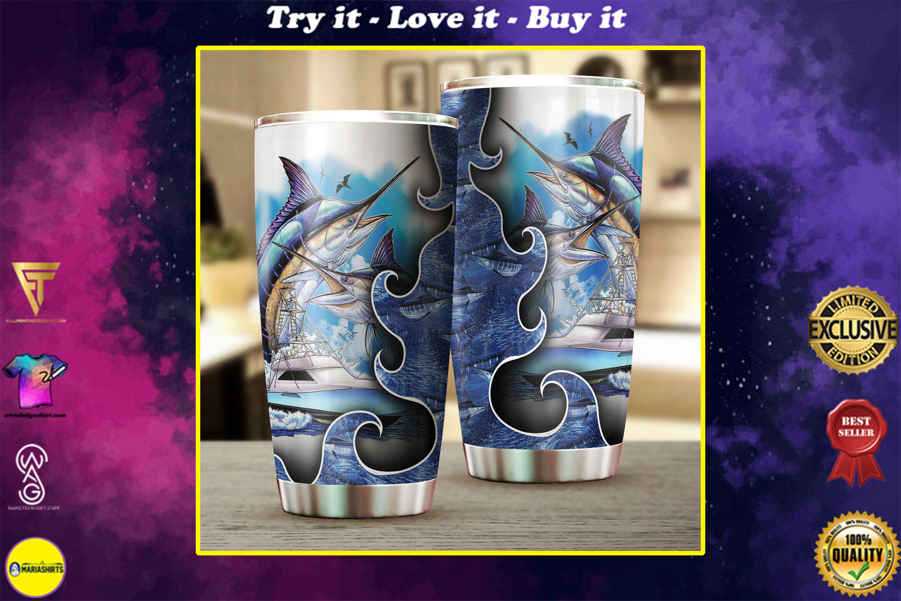 for fisher love fishing all over print stainless steel tumbler