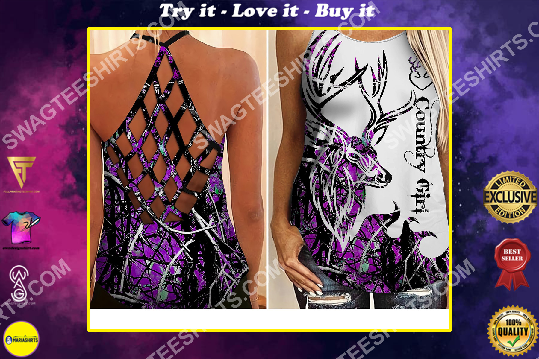 for hunting country girl all over printed criss-cross tank top