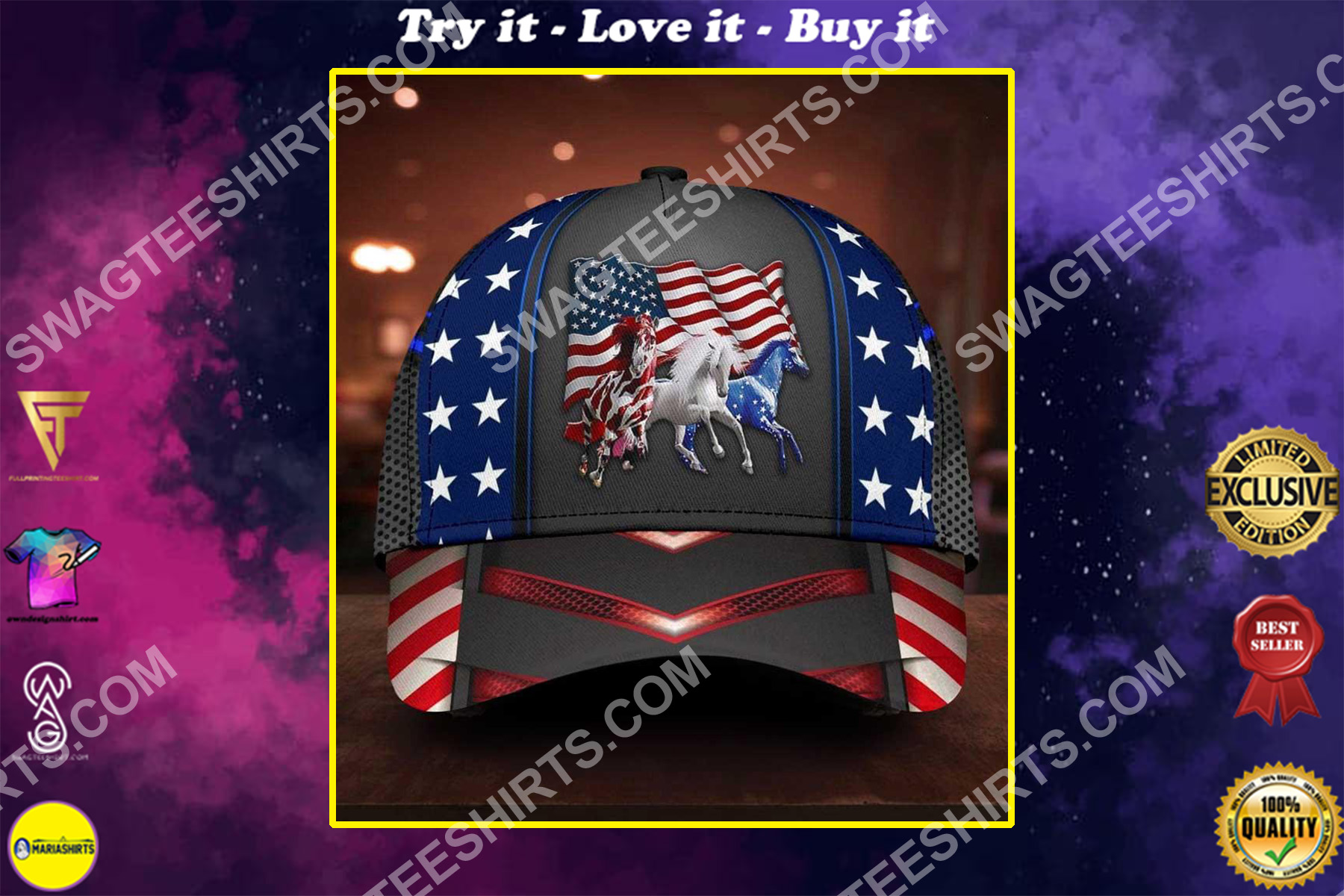 fourth of july american flag horse all over printed classic cap