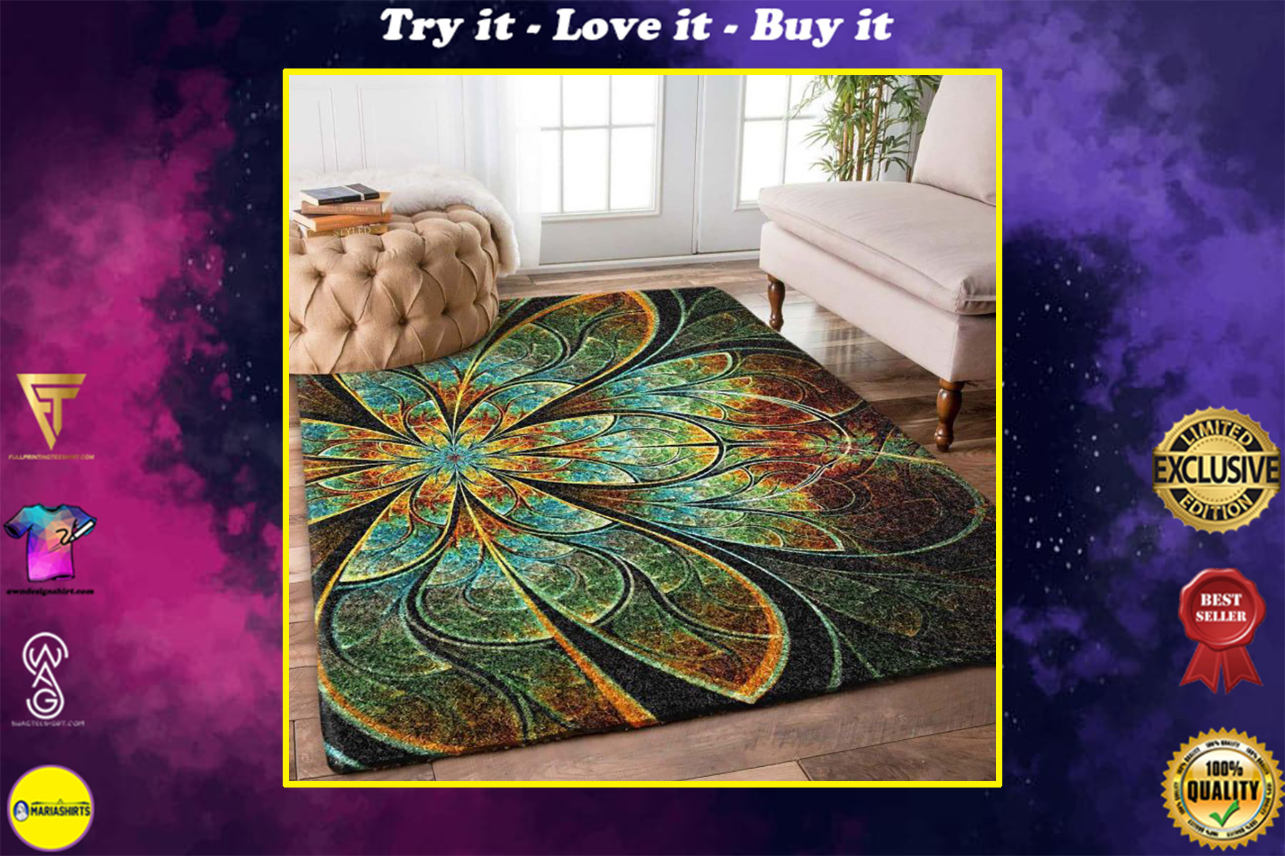fractal flower retro all over printed rug