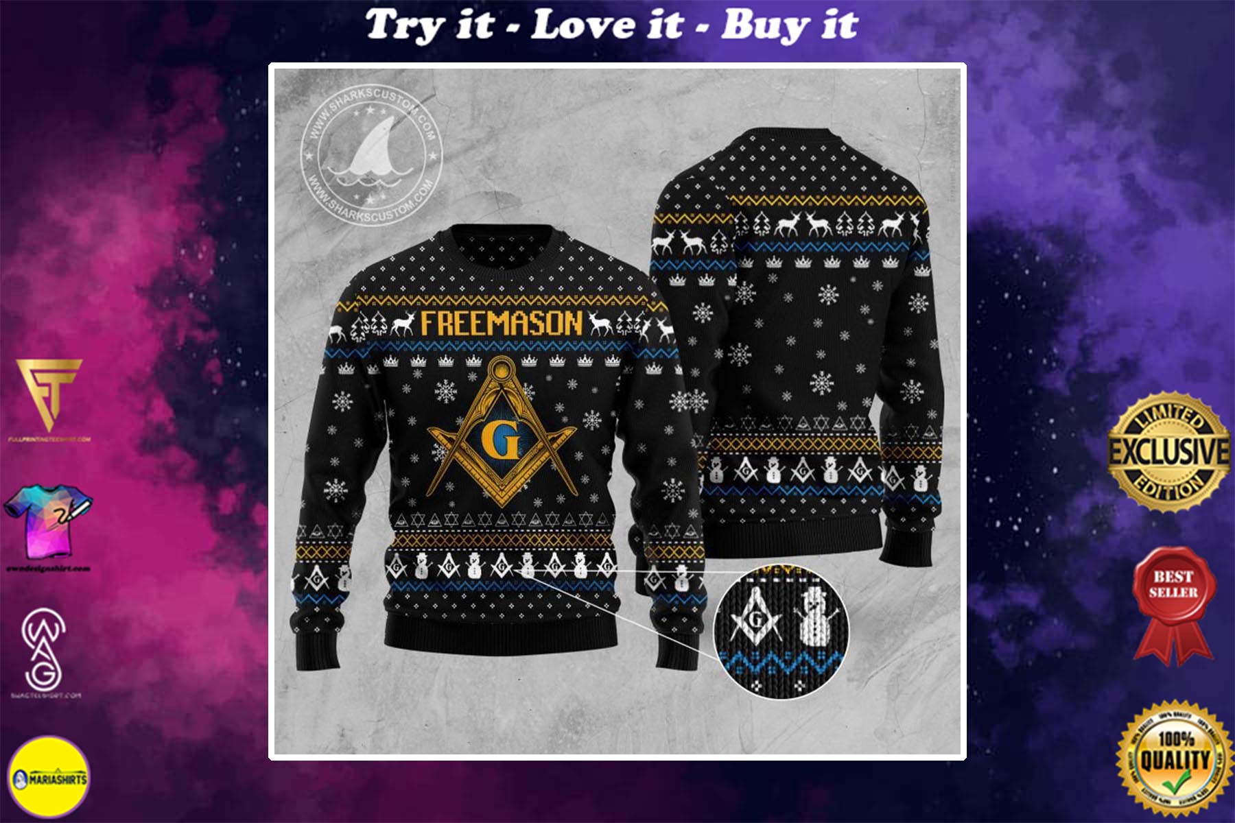freemasonry all over printed ugly christmas sweater