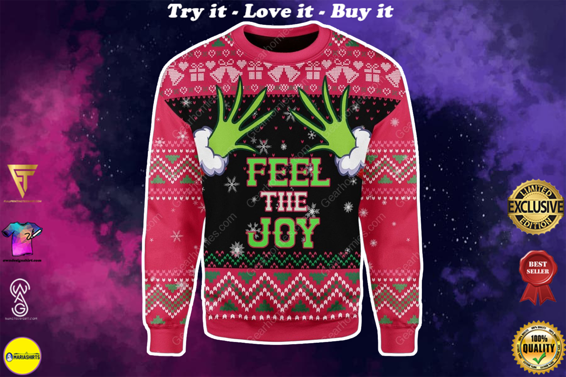 grinch feel the joy all over printed ugly christmas sweater