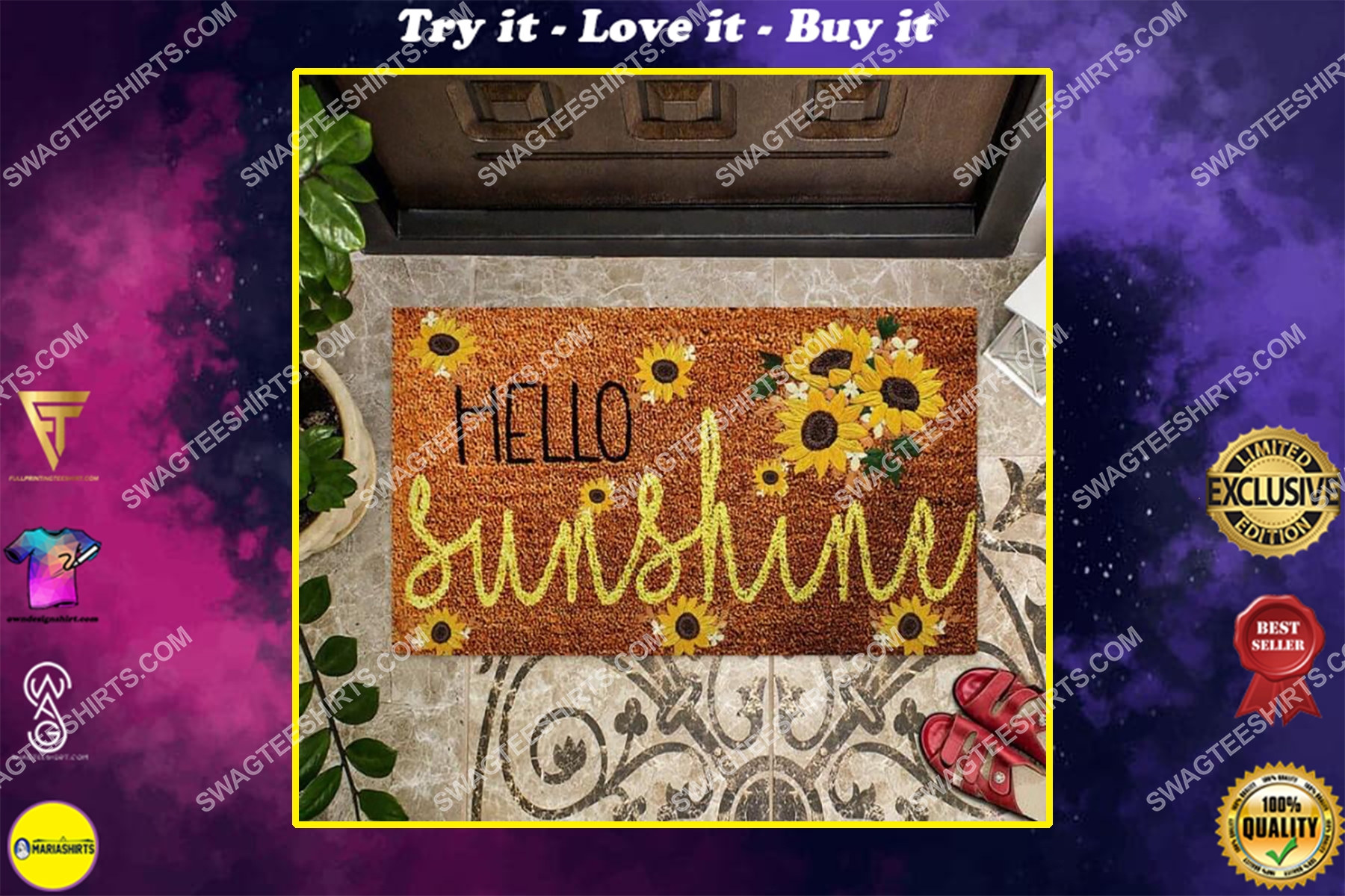 hello sunshine sunflower welcome full print doormat