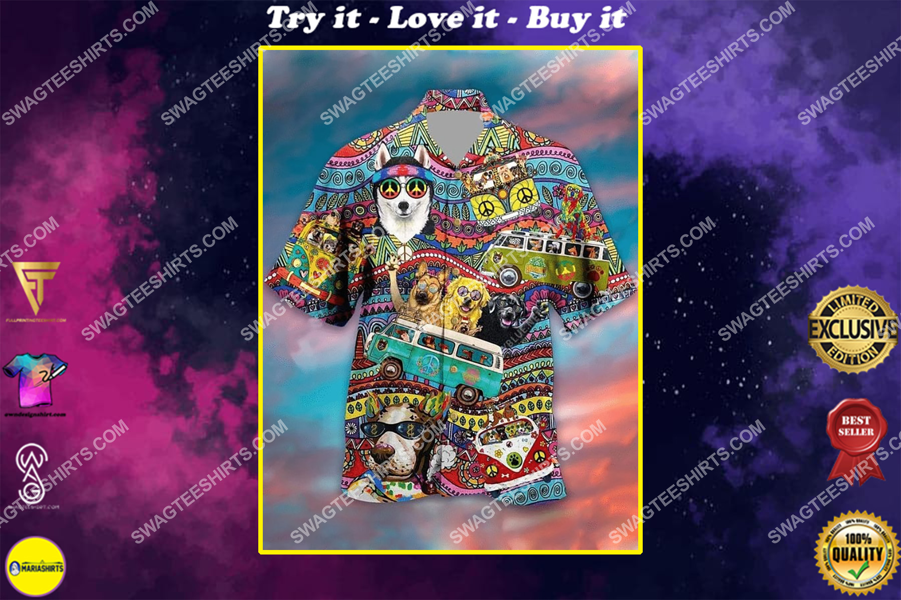 hippie dogs lover all over printed hawaiian shirt