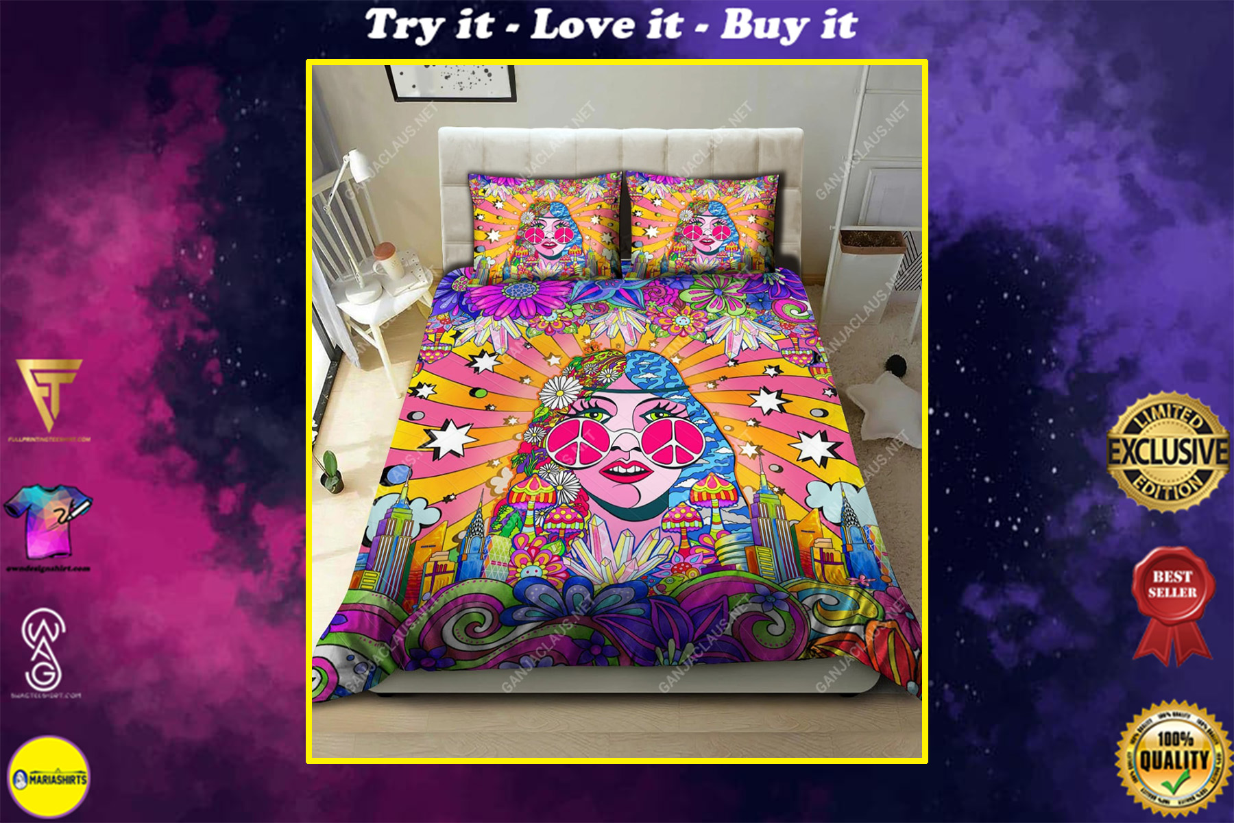 hippie girl colorful full printing bedding set