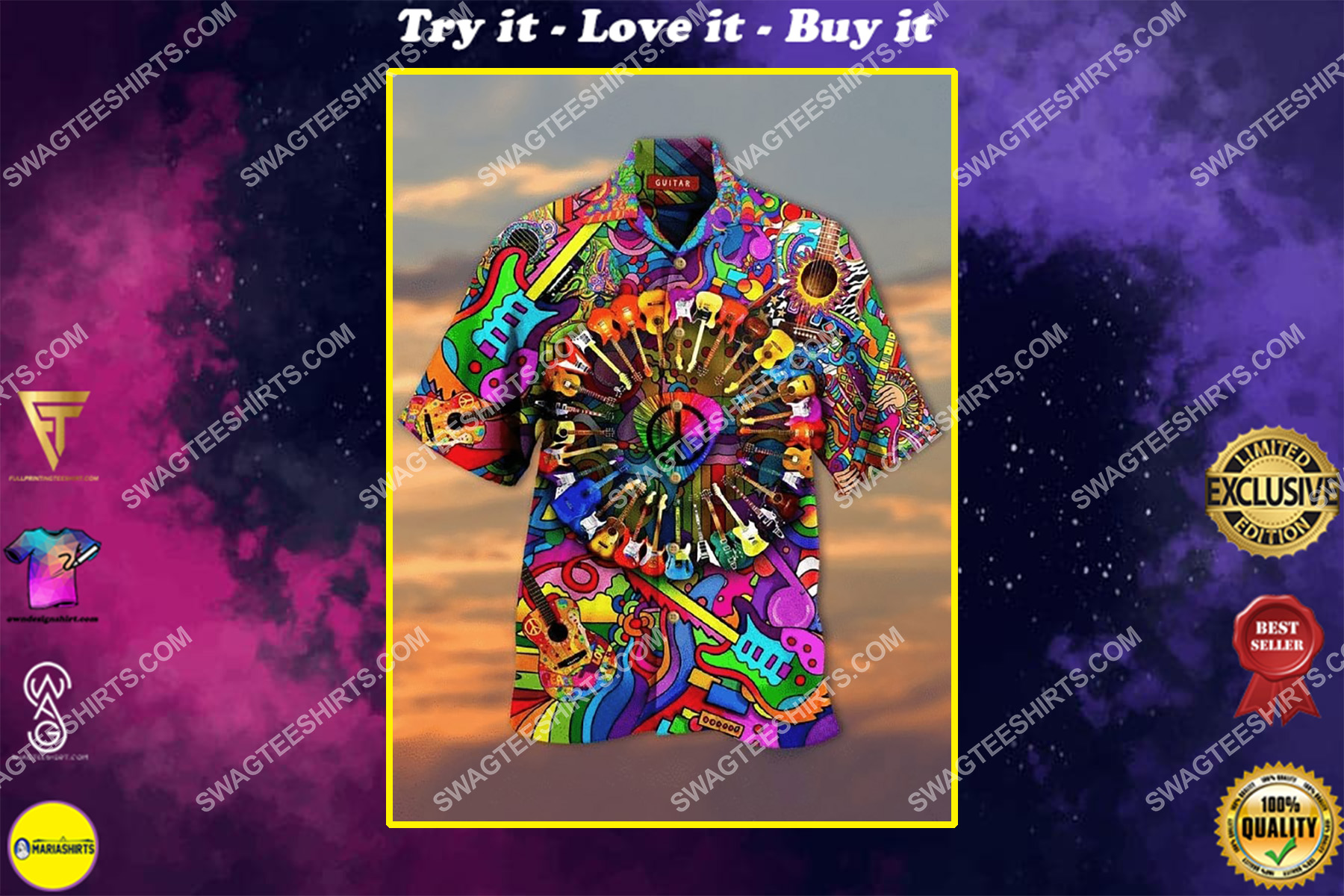 hippie guitar colorful all over printed hawaiian shirt