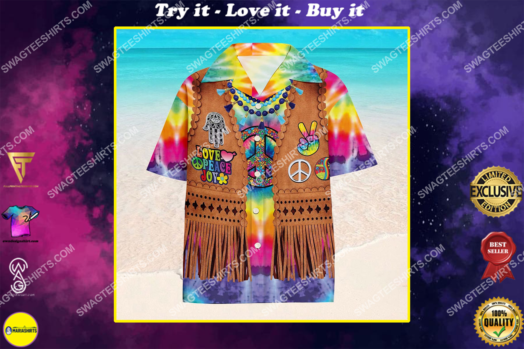 hippie love peace joy all over printed hawaiian shirt