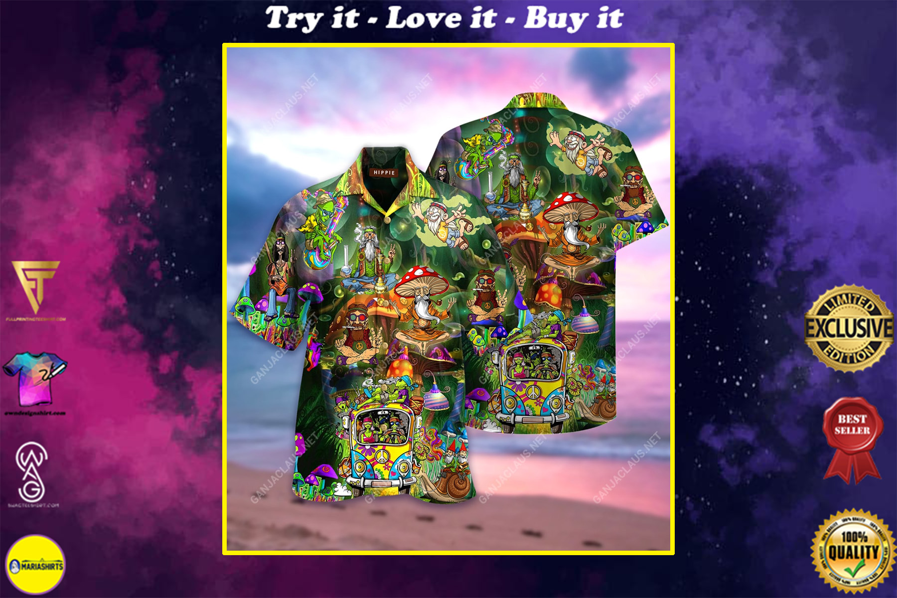 hippie man and mushroom full printing hawaiian shirt
