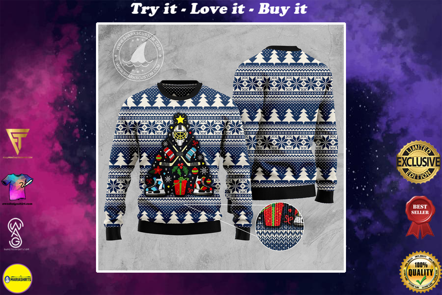 hockey christmas tree all over printed ugly christmas sweater