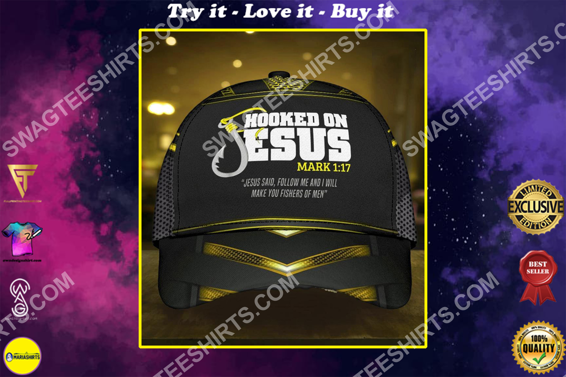 hooked on Jesus fishers all over printed classic cap