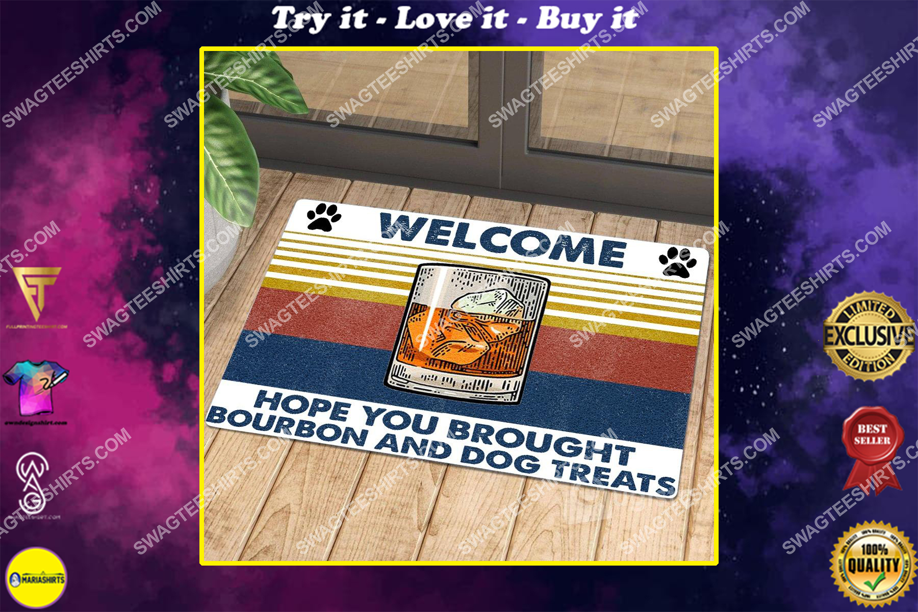 hope you brought bourbon and dog treats welcome full print doormat
