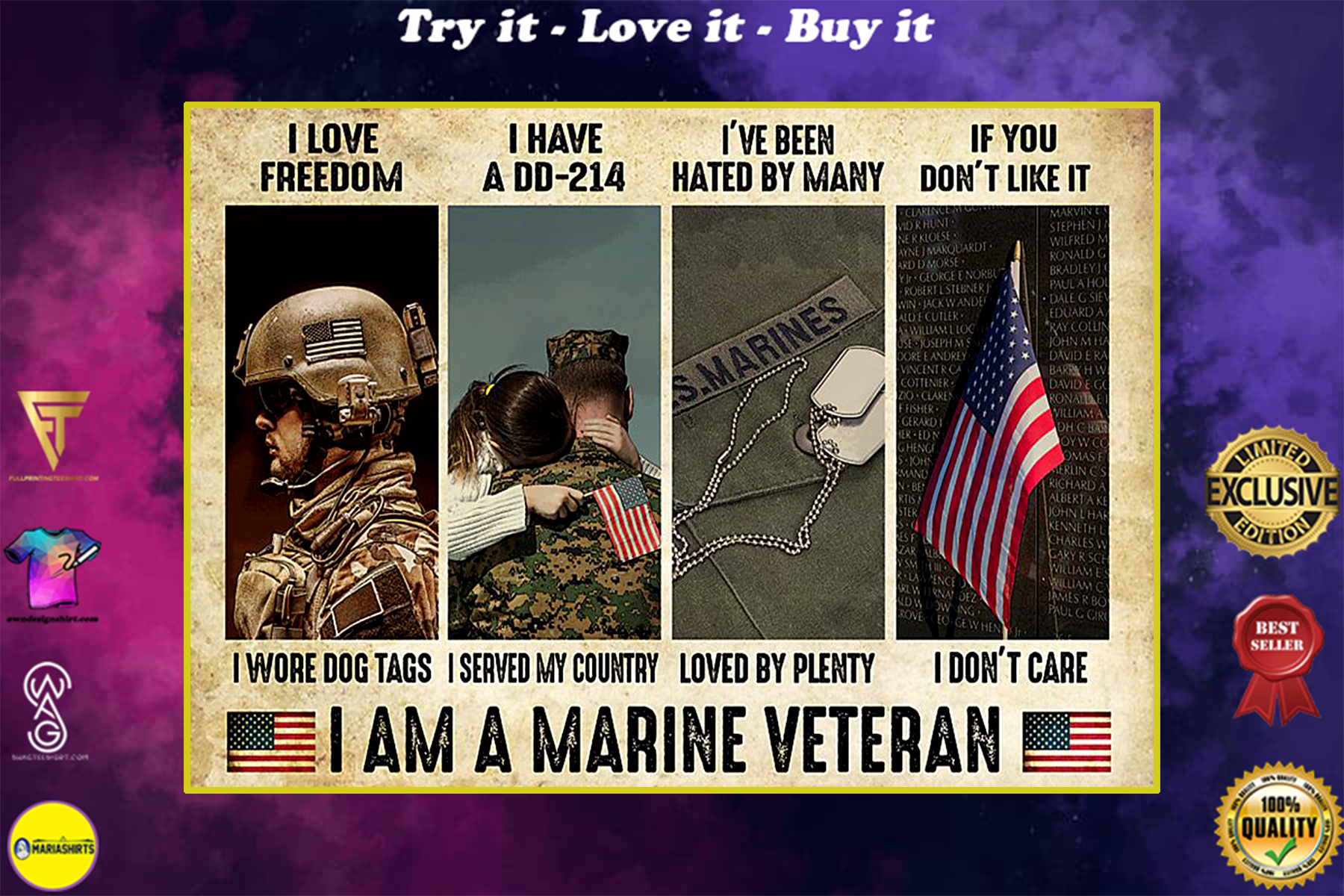 i am a marine veteran i love freedom i woe dog tags i have a dd 214 i served my country poster