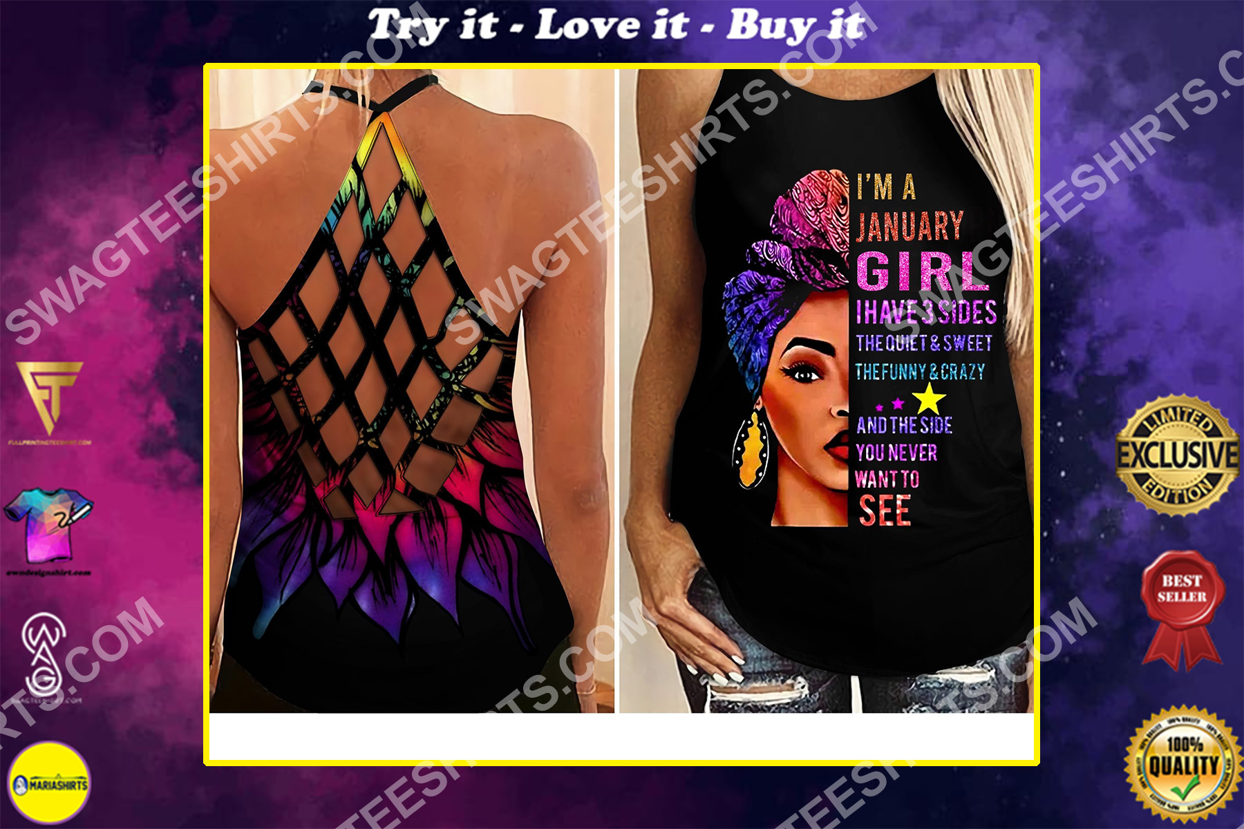 i'm a january girl i have 3 sides the quiet and sweet all over printed criss-cross tank top