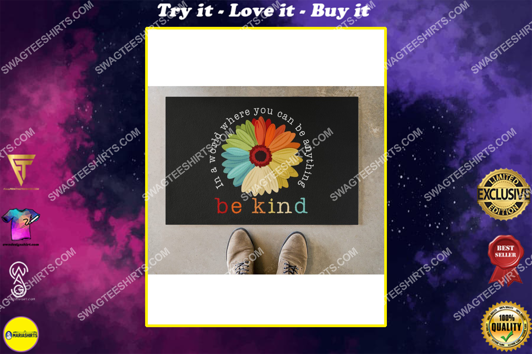 in a world where you can be anything be kind full print doormat