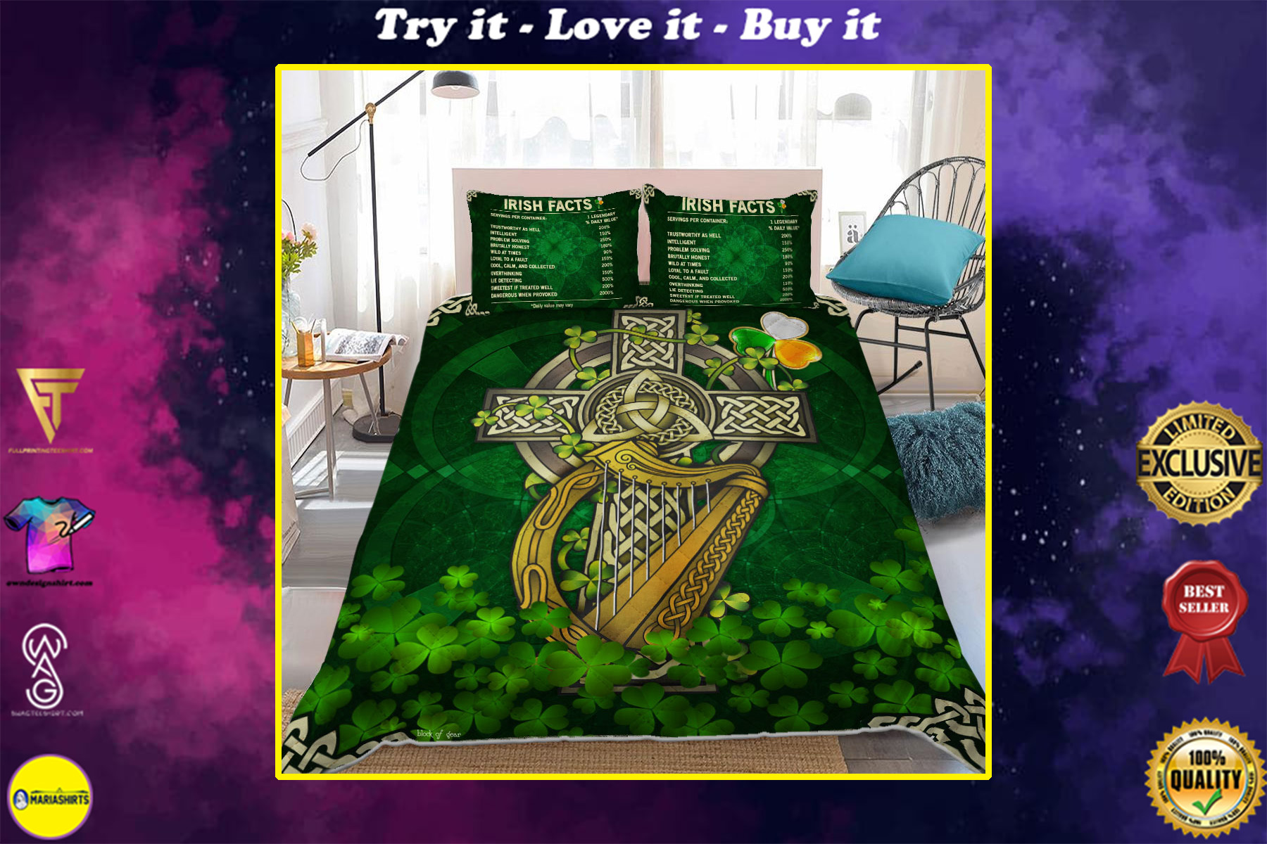 irish celtic cross st patricks day full printing bedding set