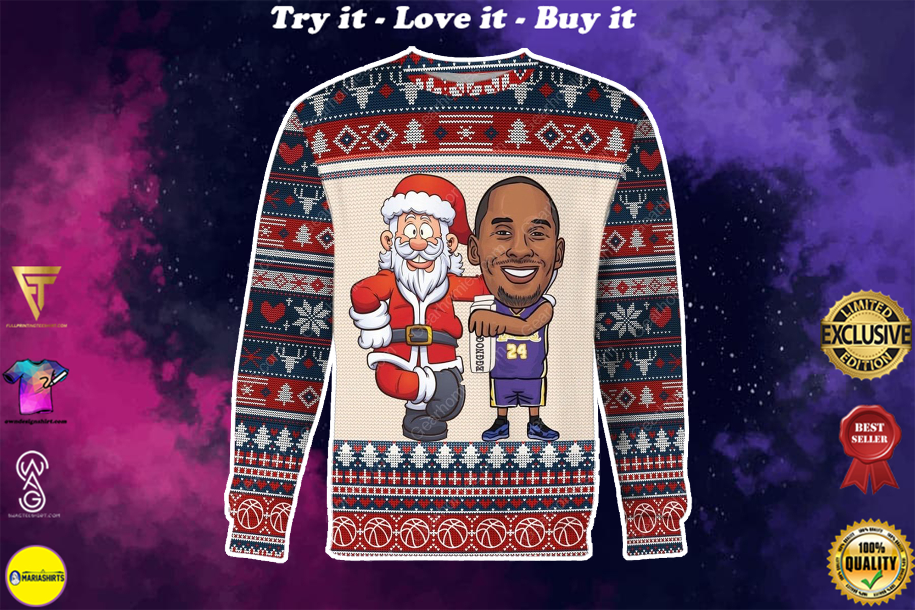 kobe and santa claus all over printed ugly christmas sweater