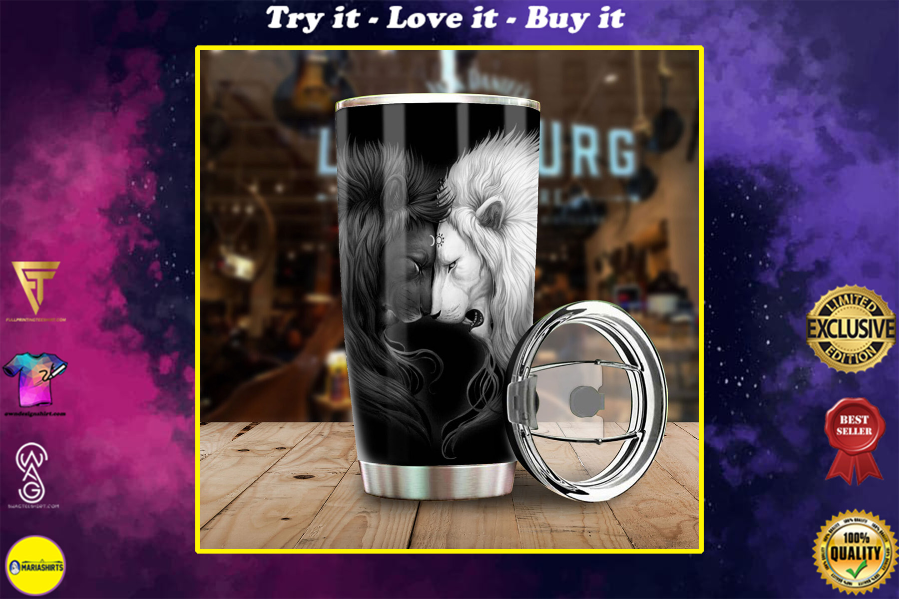 lion black and white all over print stainless steel tumbler