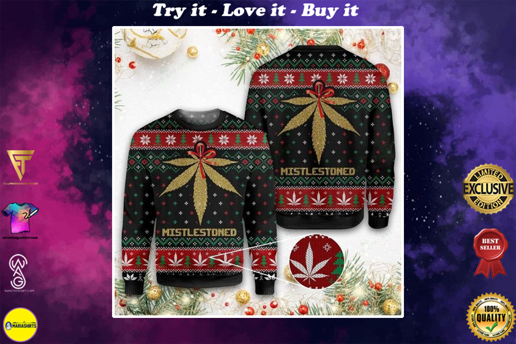 merry christmas weed mistlestoned all over printed ugly christmas sweater