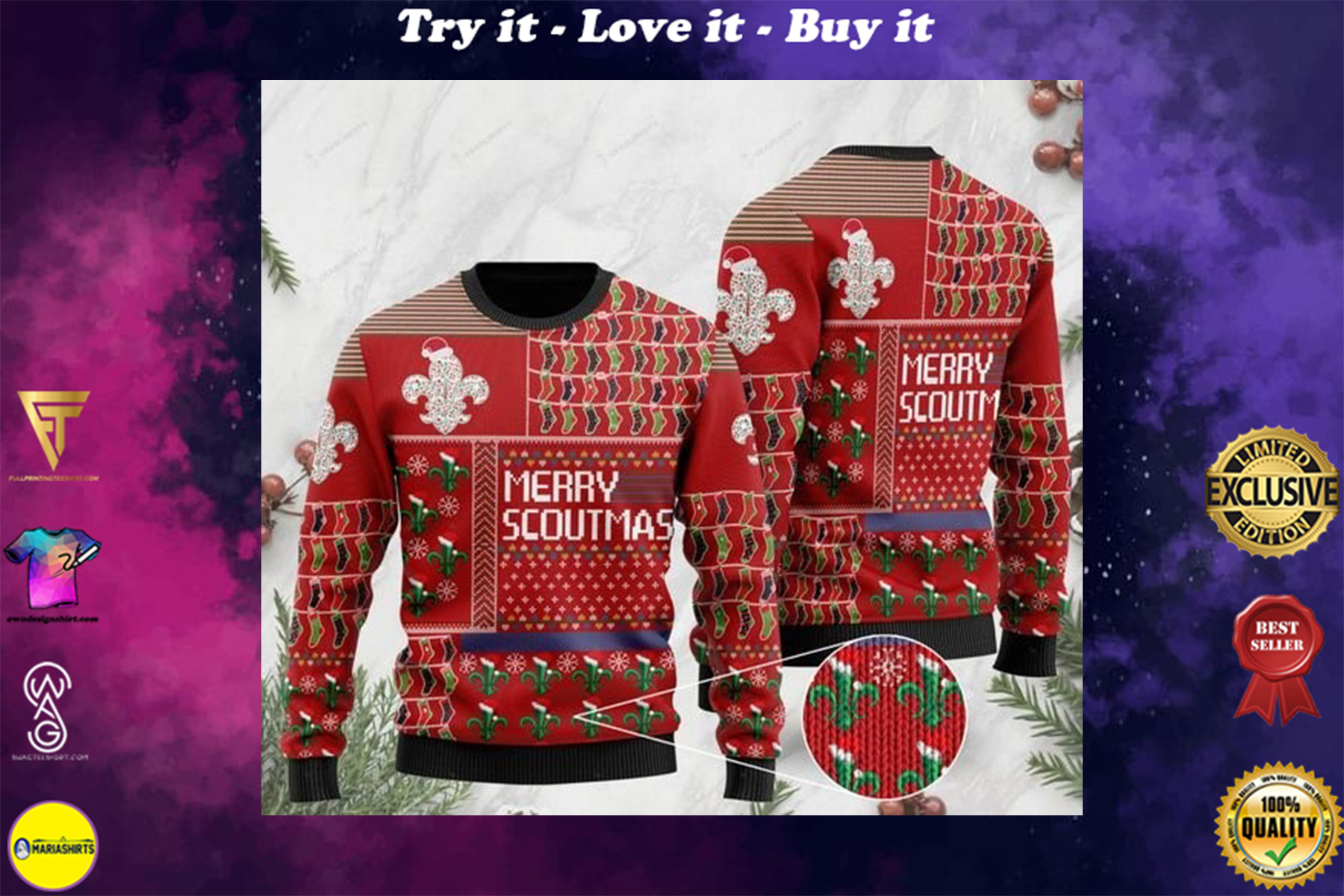 merry scoutmas christmas time full printing ugly sweater