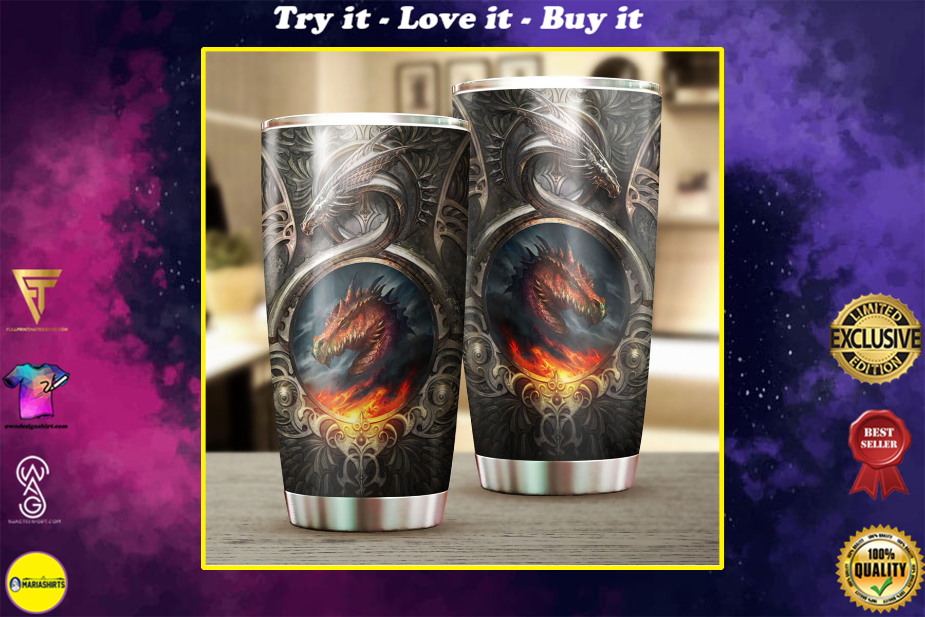 metal dragon fire all over print stainless steel tumbler