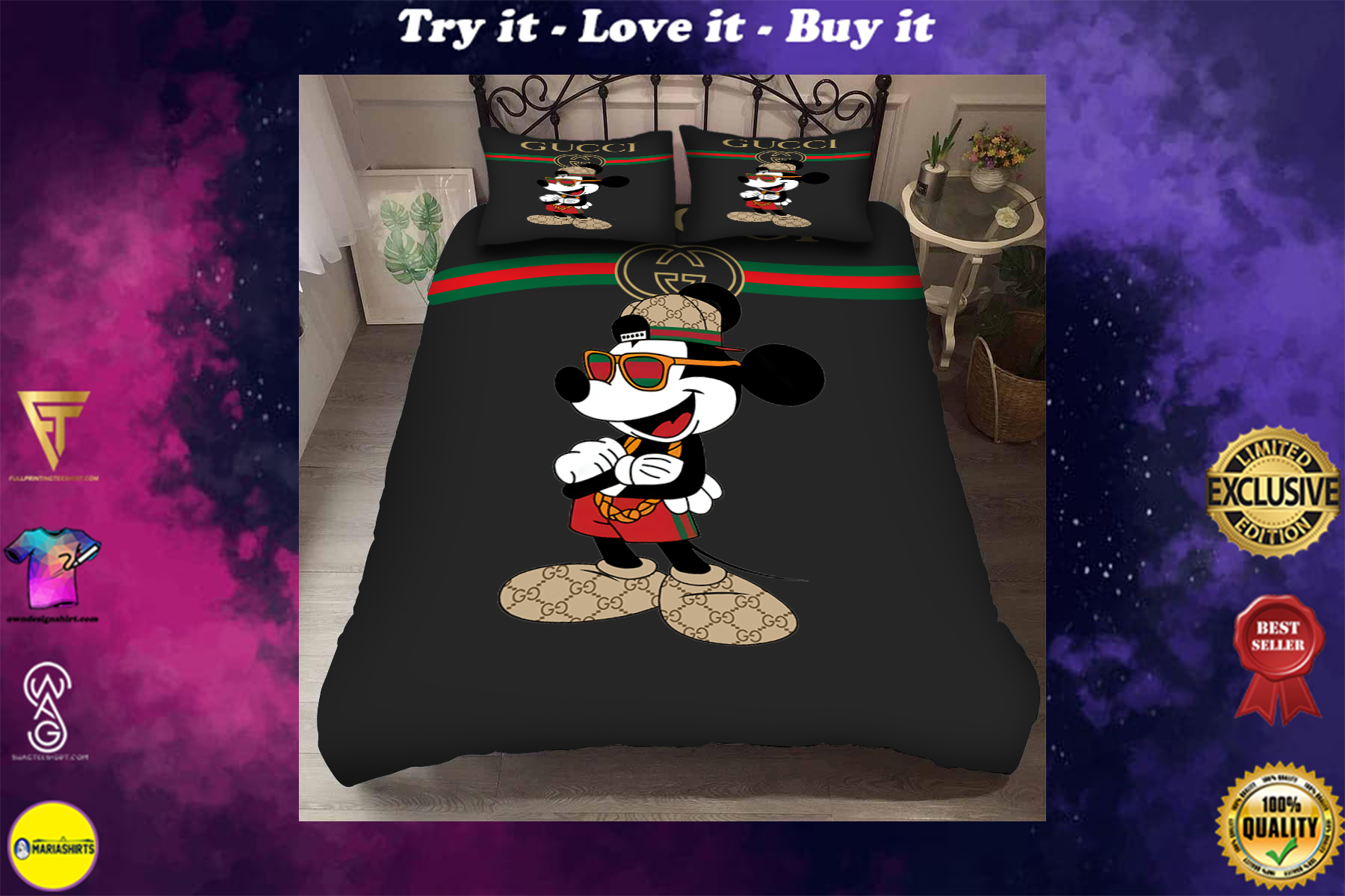 mickey mouse with gucci symbol bedding set