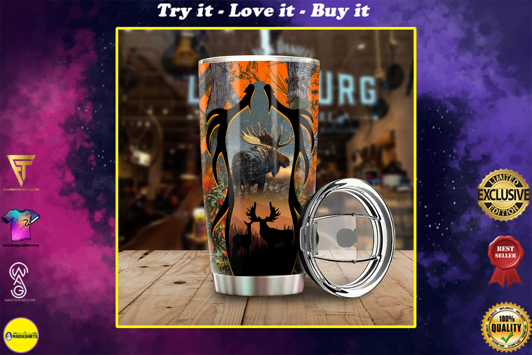 moose hunting camo version all over print stainless steel tumbler