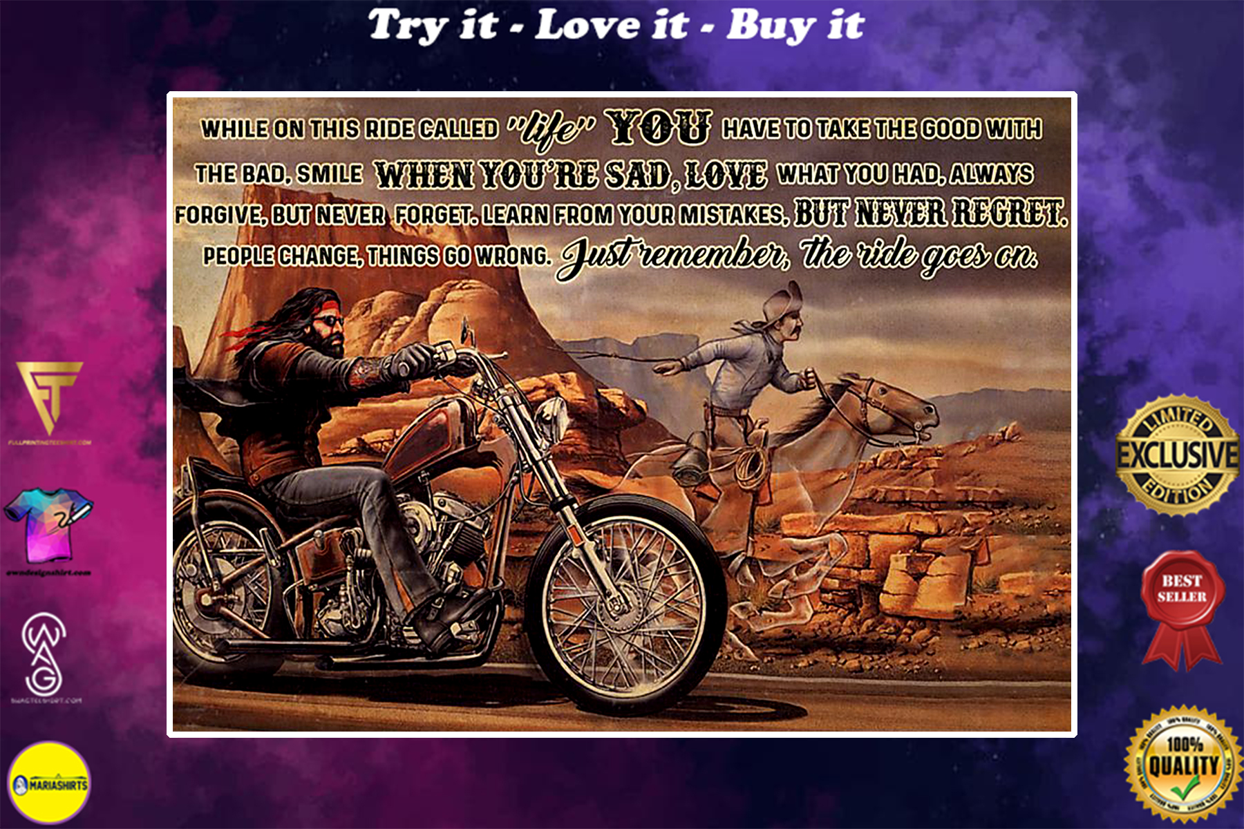 motorbike and horse ride while on this ride called life you have to take the good with the bad poster