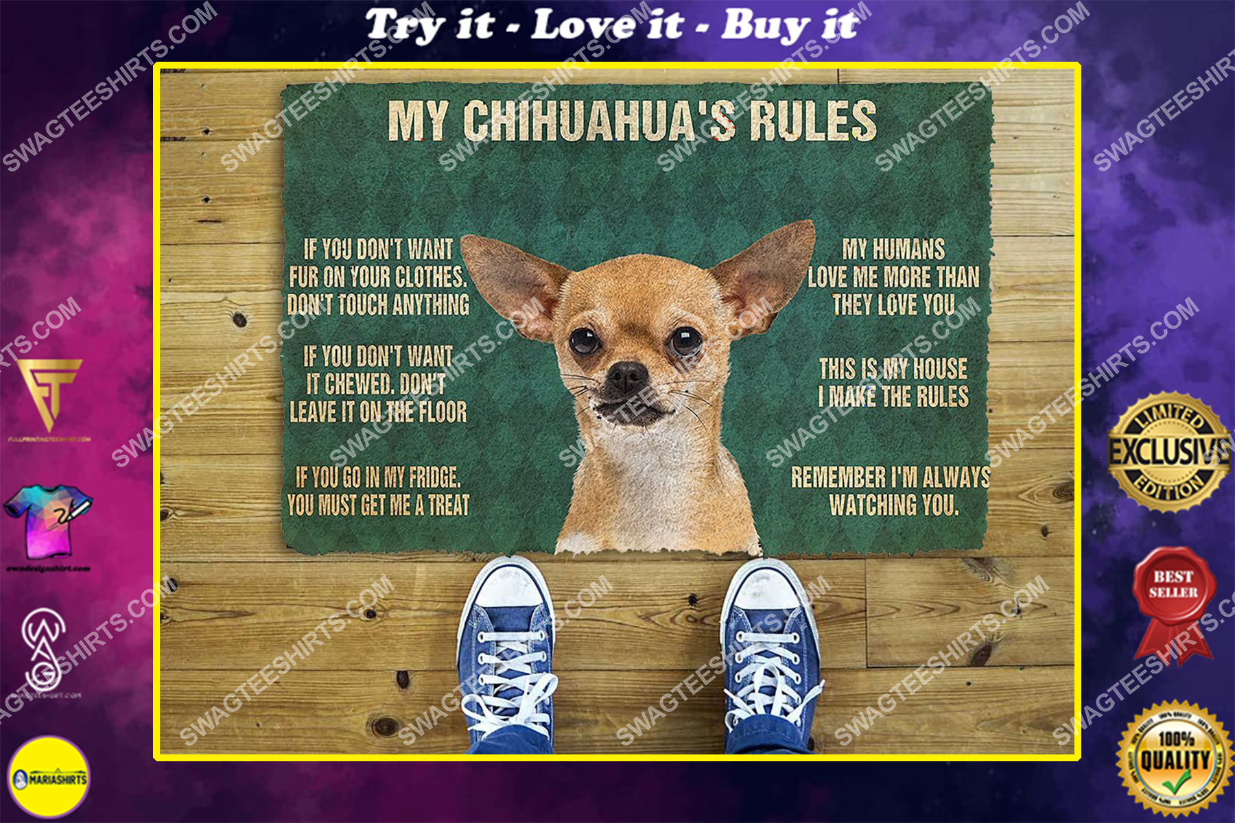 my chihuahua rules welcome full print doormat