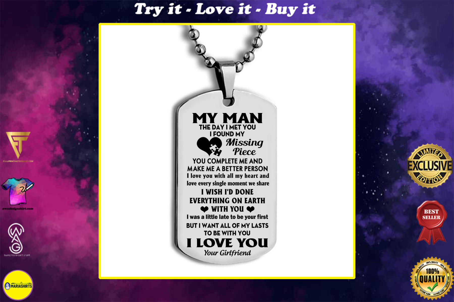 my man the day i met you i found my missing piece i love you your girlfriend dog tag