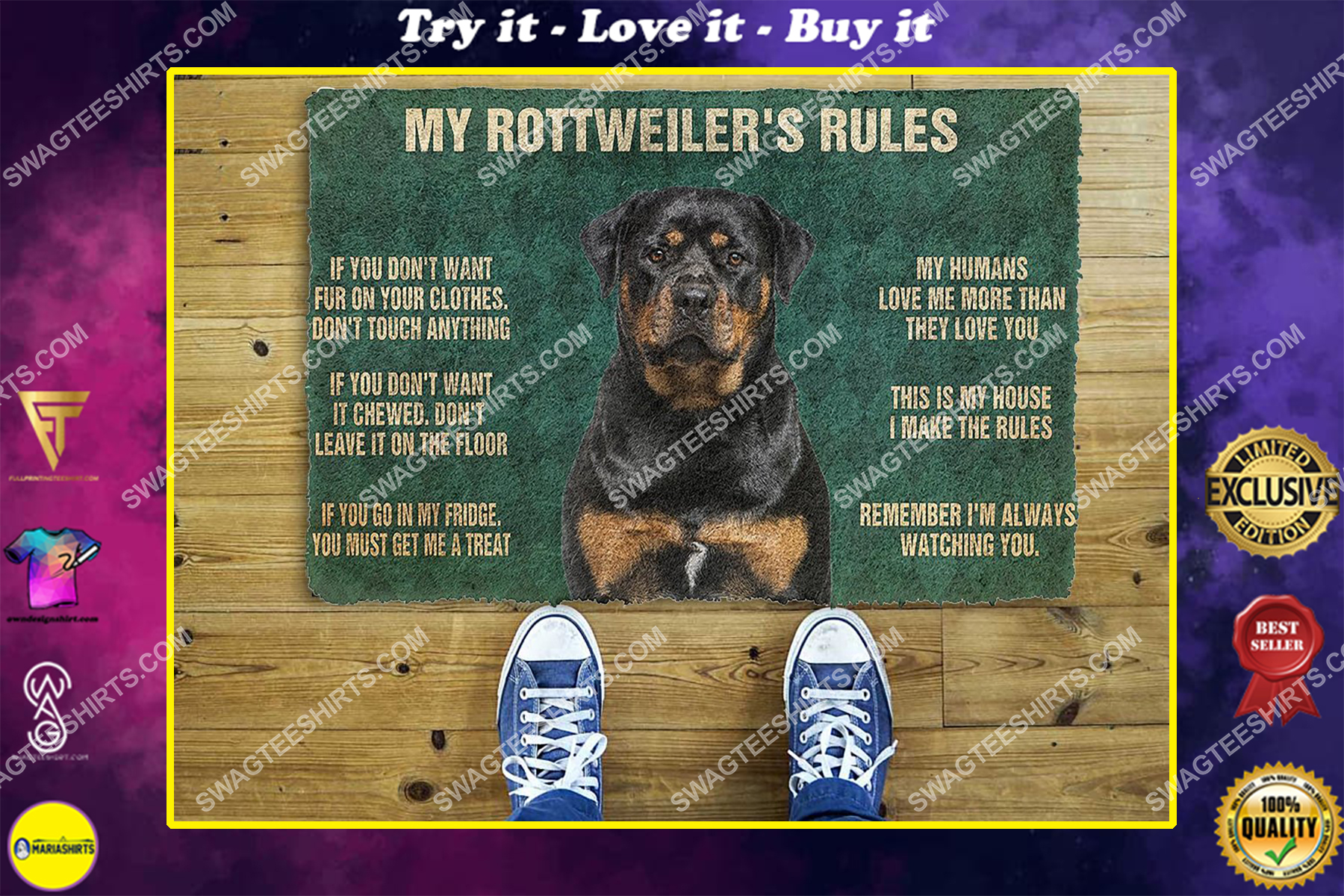 my rottweiler rules welcome full print doormat