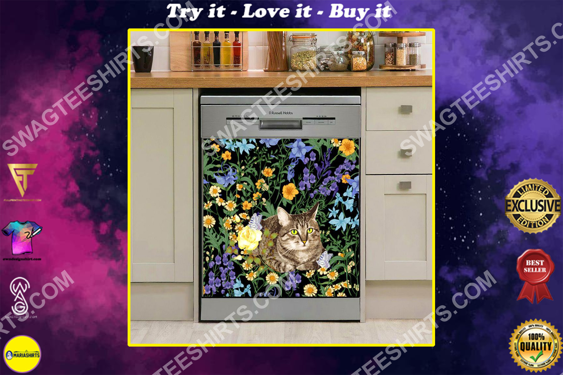 mysterious cat and flower kitchen decorative dishwasher magnet cover