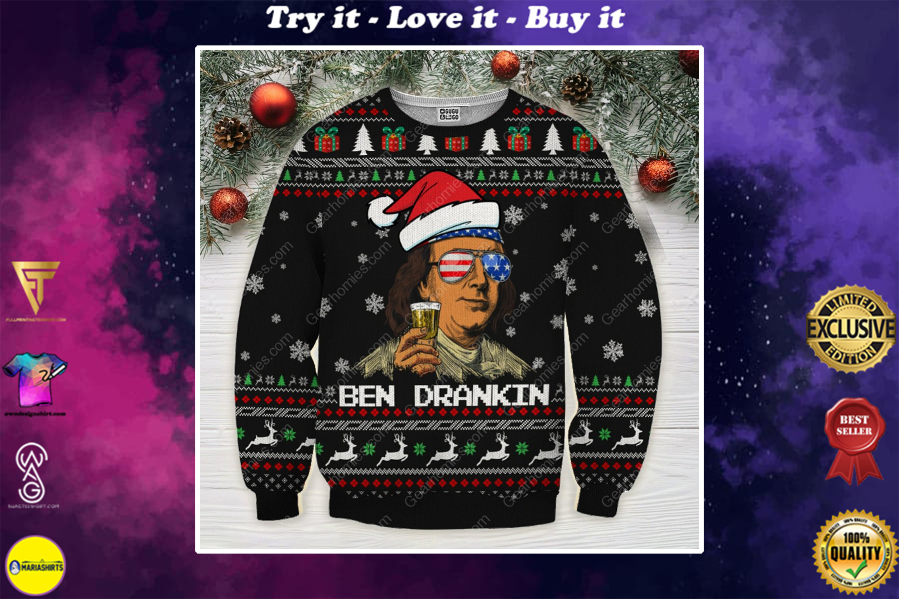 patriotic ben drankin santa claus all over printed ugly christmas sweater