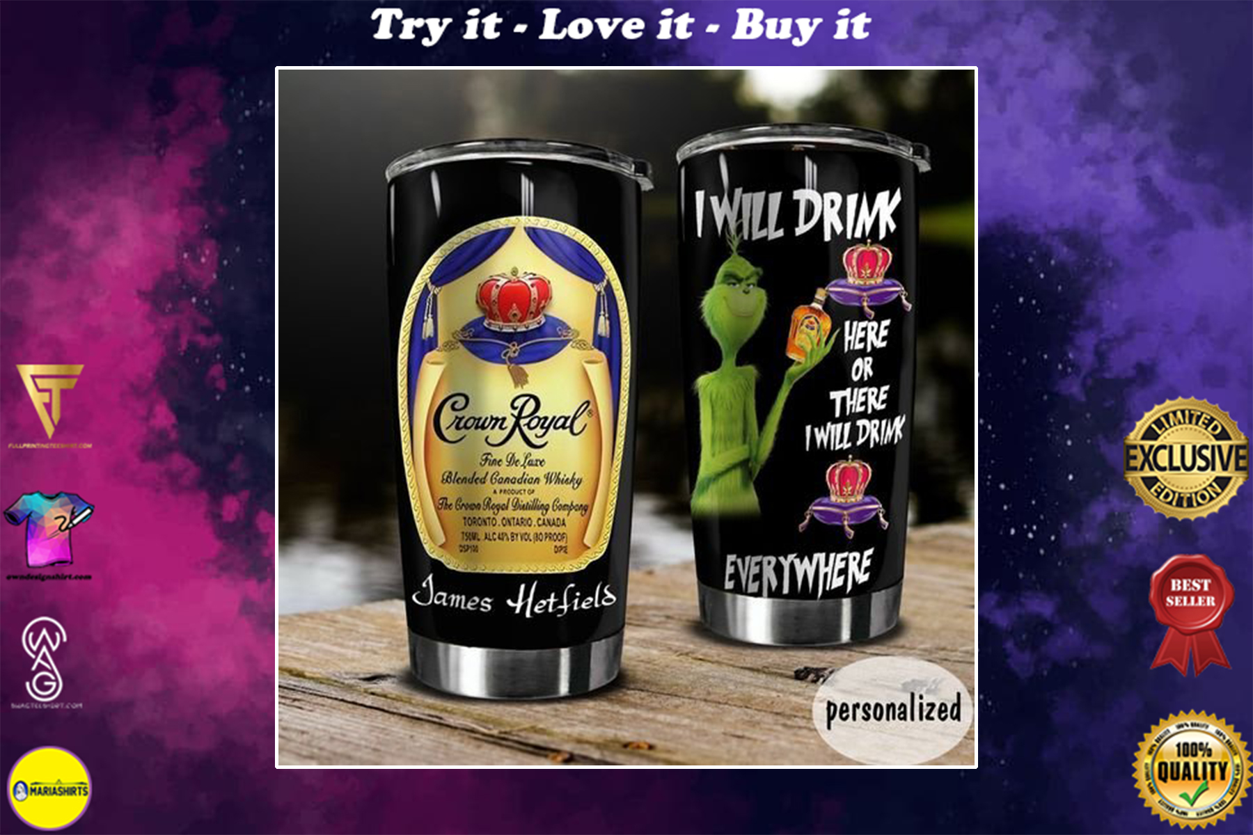 personalized name crown royal whiskey and the grinch tumbler