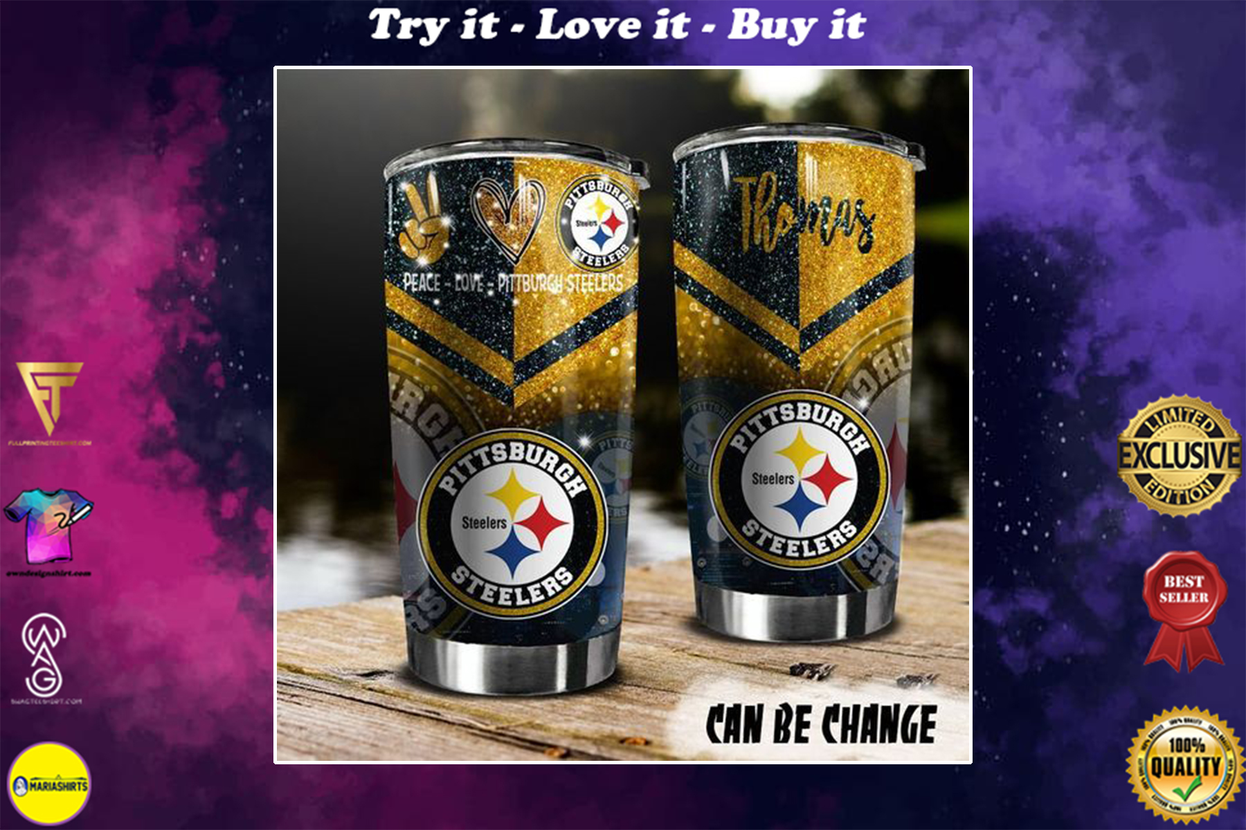 personalized name peace love pittsburgh steelers tumbler