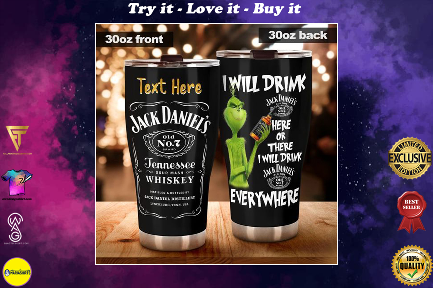 personalized name the grinch and jack daniels whiskey tumbler