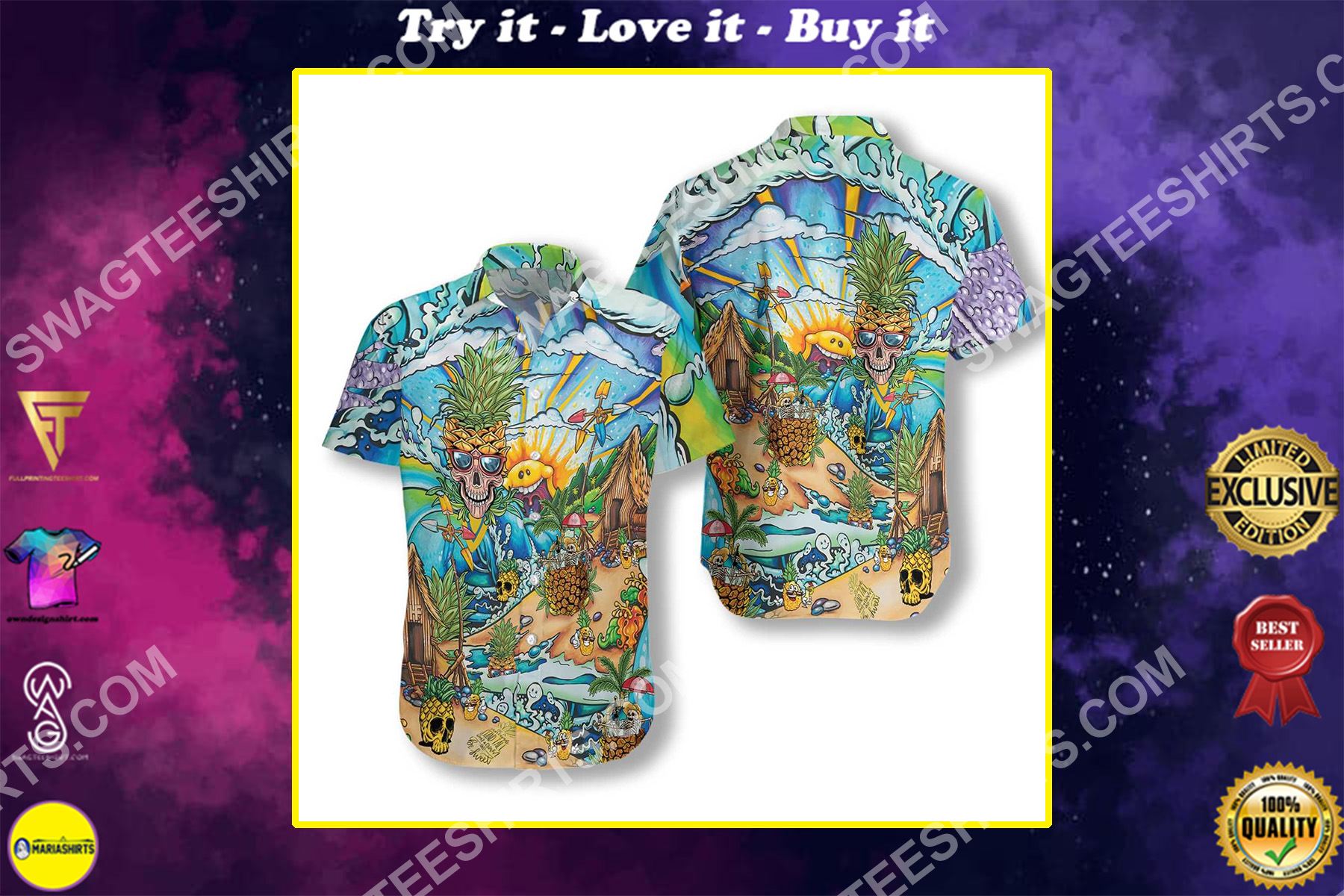 pineapple skull beach all over printed hawaiian shirt