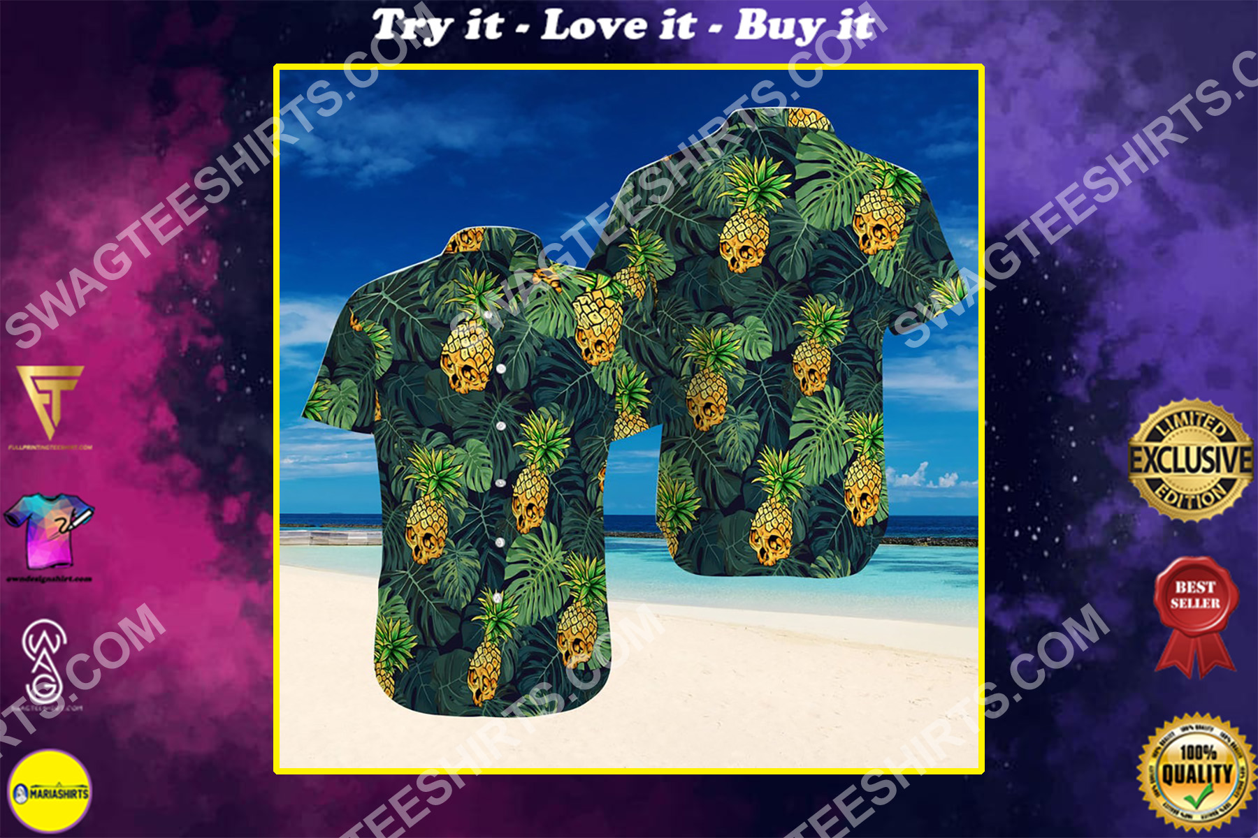 pineapple skull tropical all over print hawaiian shirt